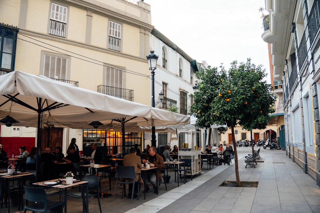 Charming European street with outdoor cafés