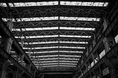 Intricate black and white industrial roof structure with skylights.
