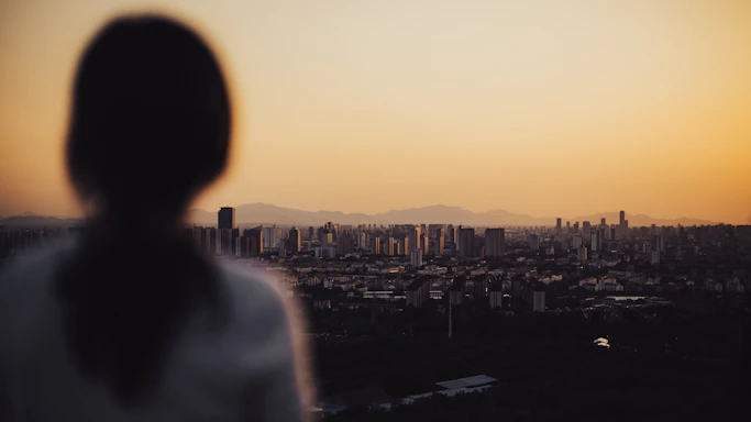 Silhouette of a person watching a city skyline at sunset