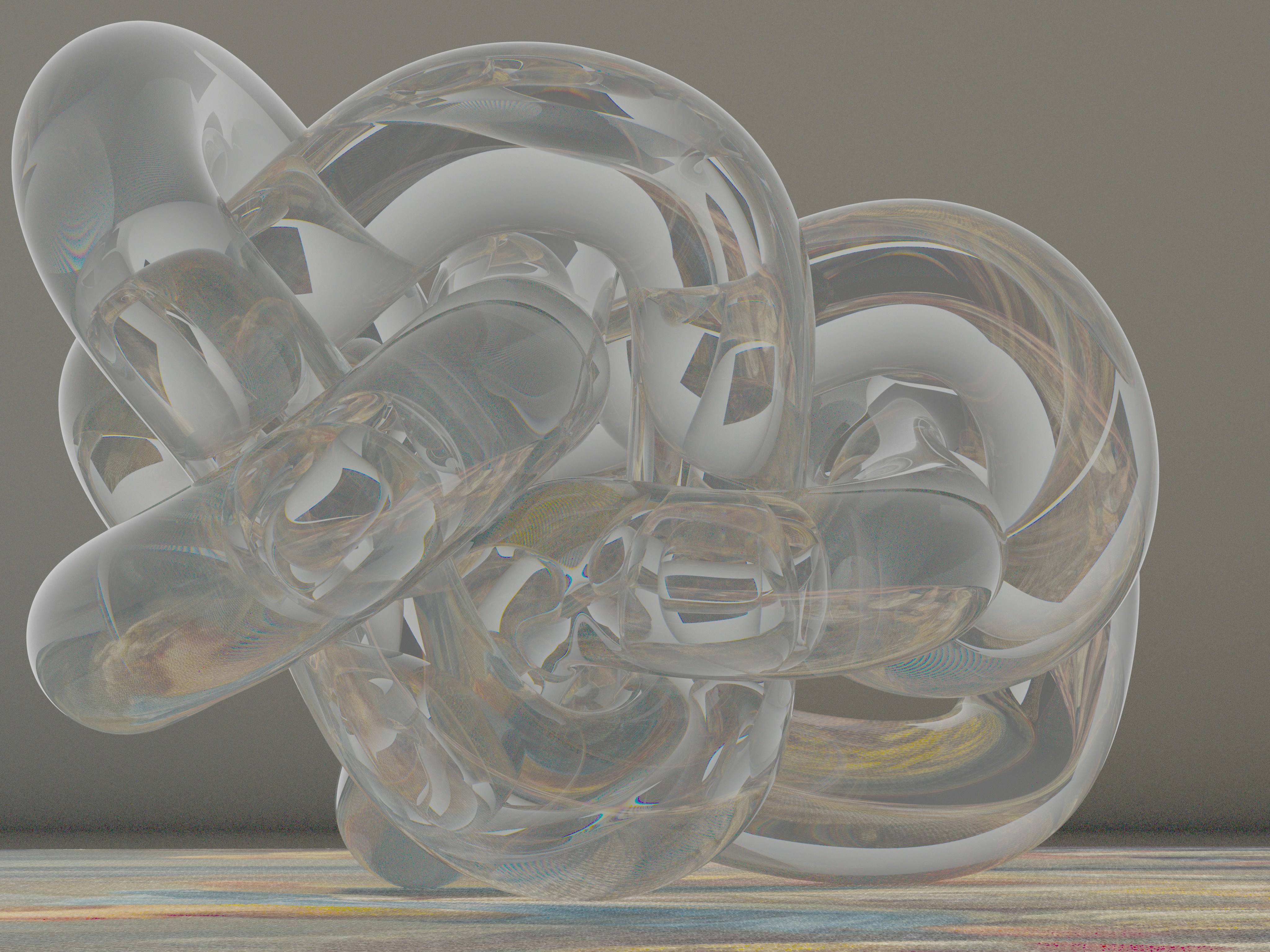 A transparent, intertwined 3D rendered object on a surface.