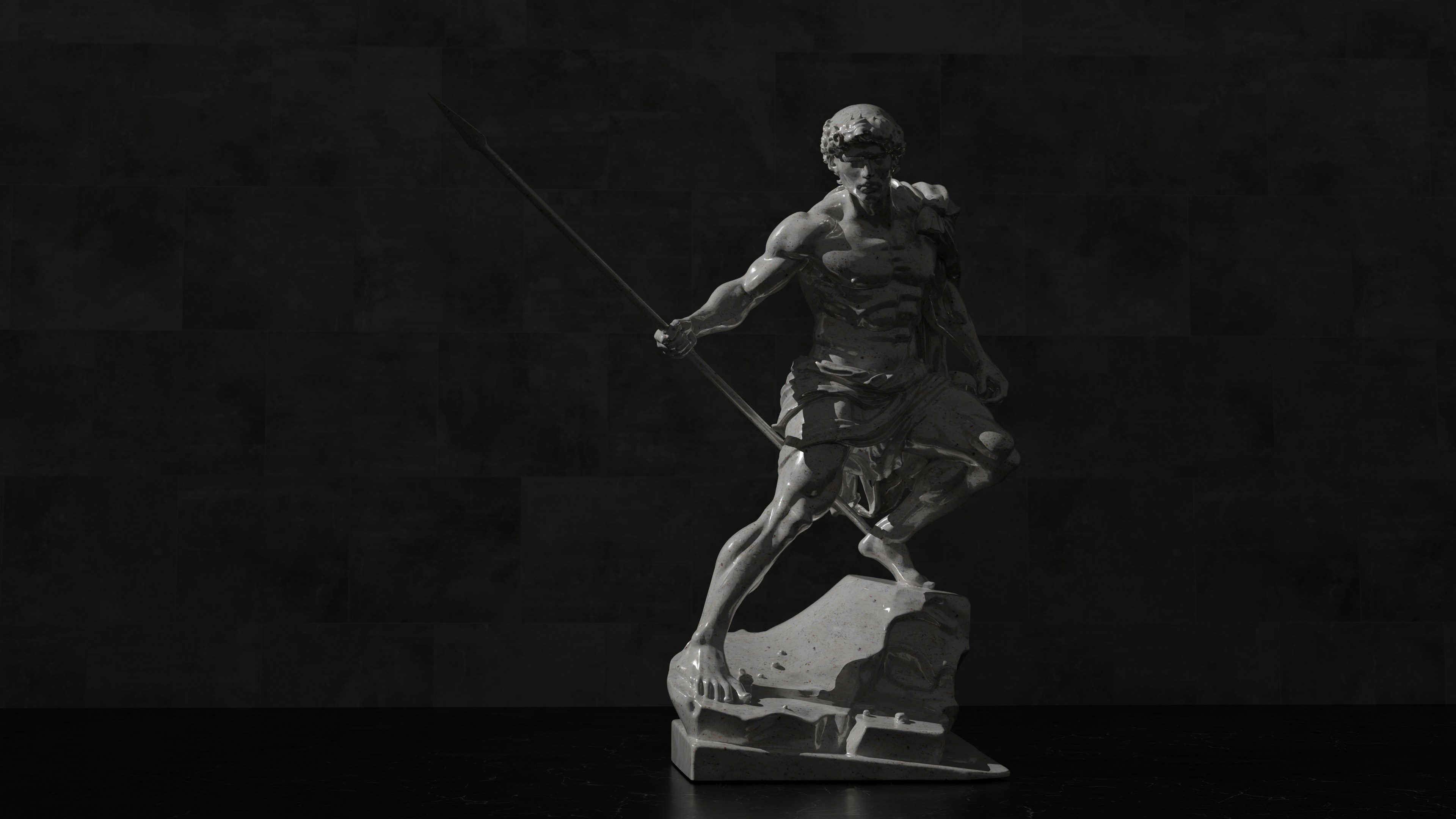 Monochromatic statue of a warrior holding a spear
