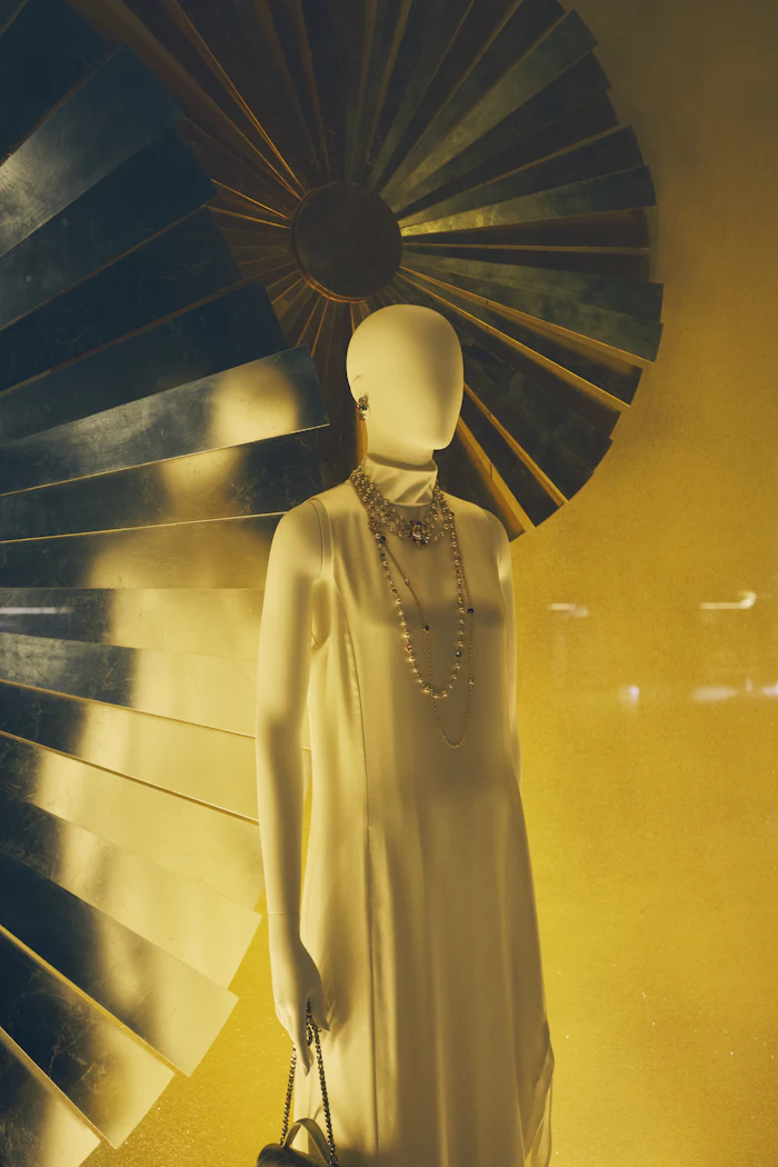 Silhouette de mannequin en robe blanche et sautoirs devant un éventail doré