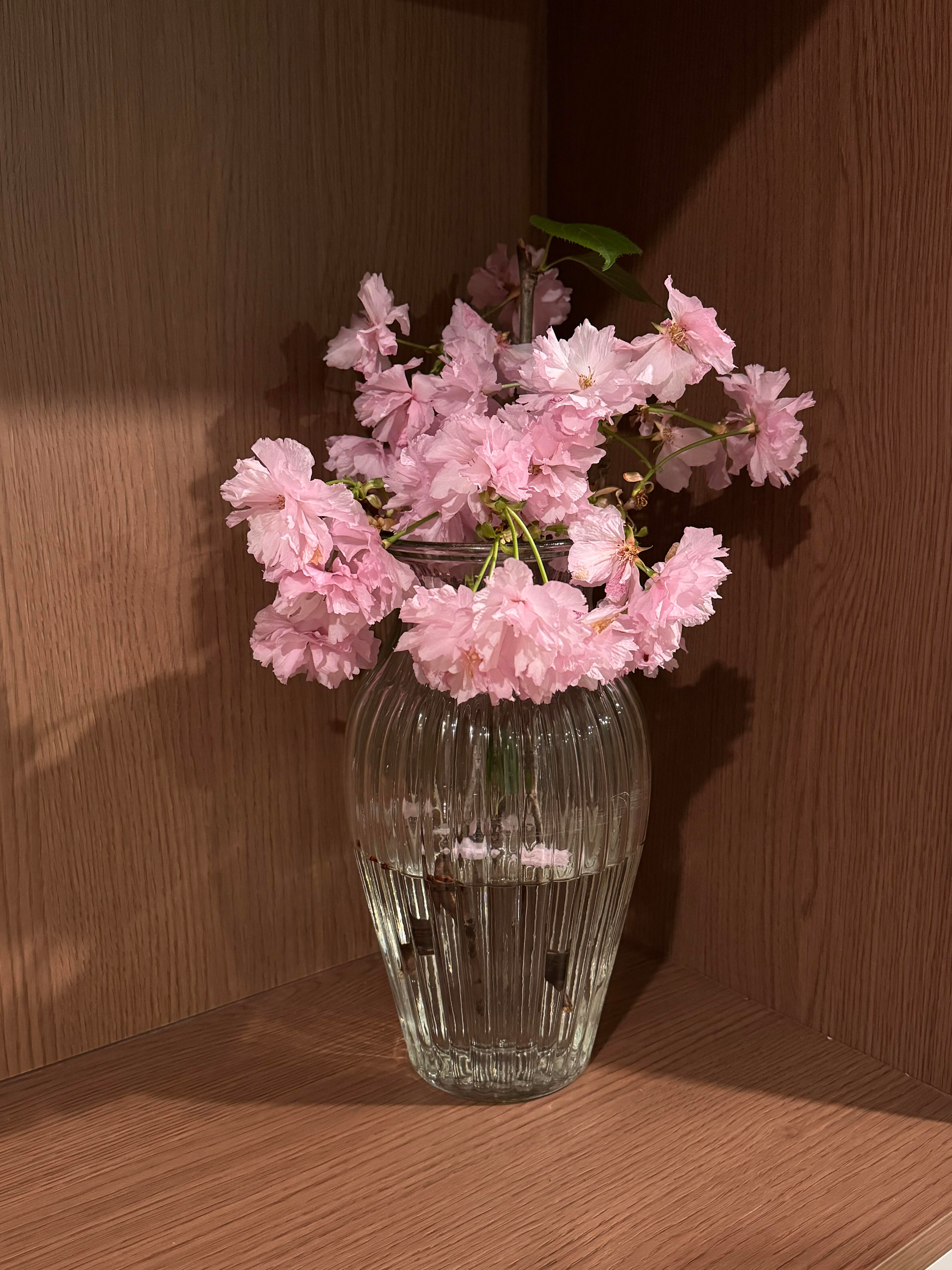 Des fleurs roses dans un vase en verre sur une étagère en bois.