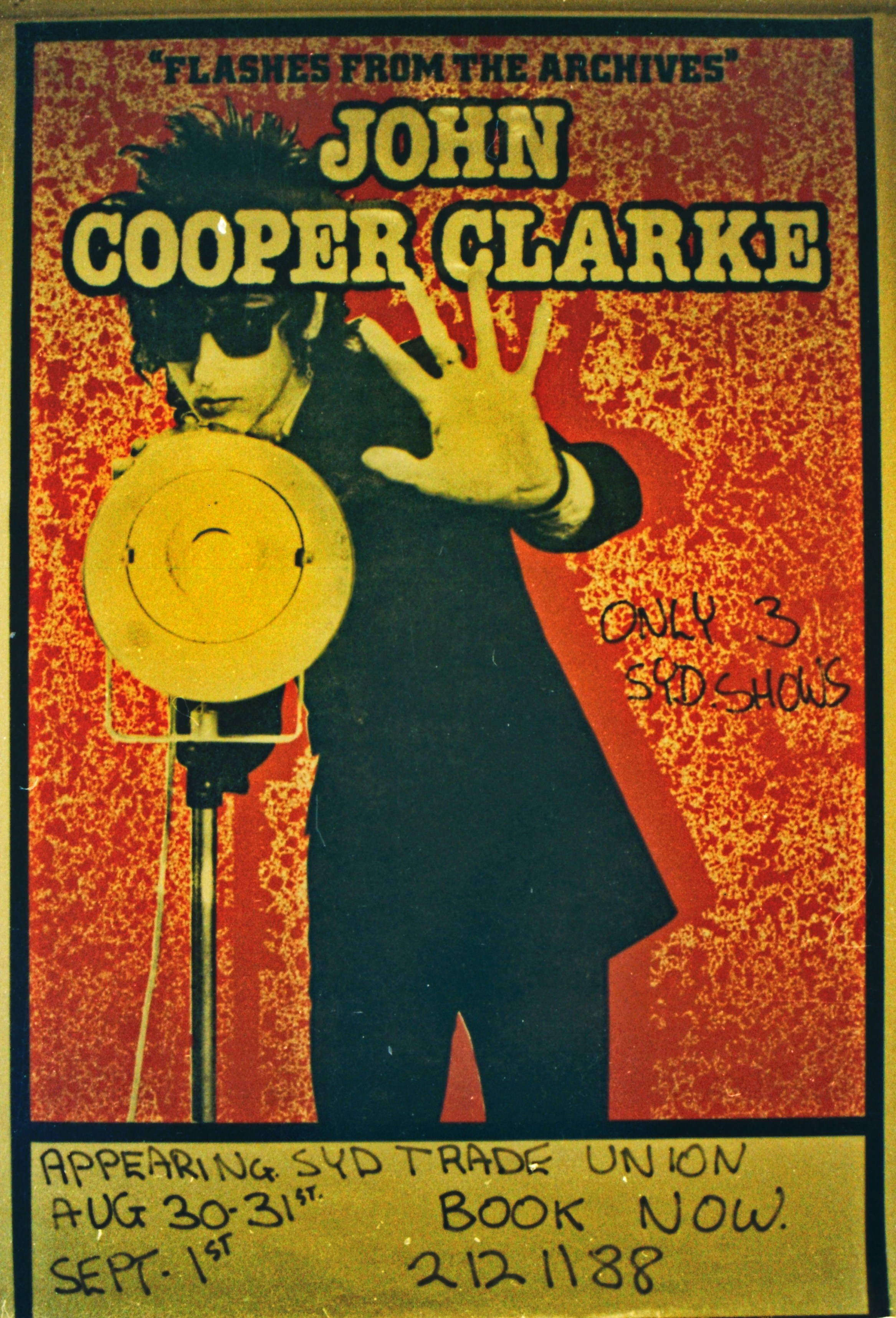 Poster john cooper clarke vintage dengan ilustrasi dan teks bergaya.