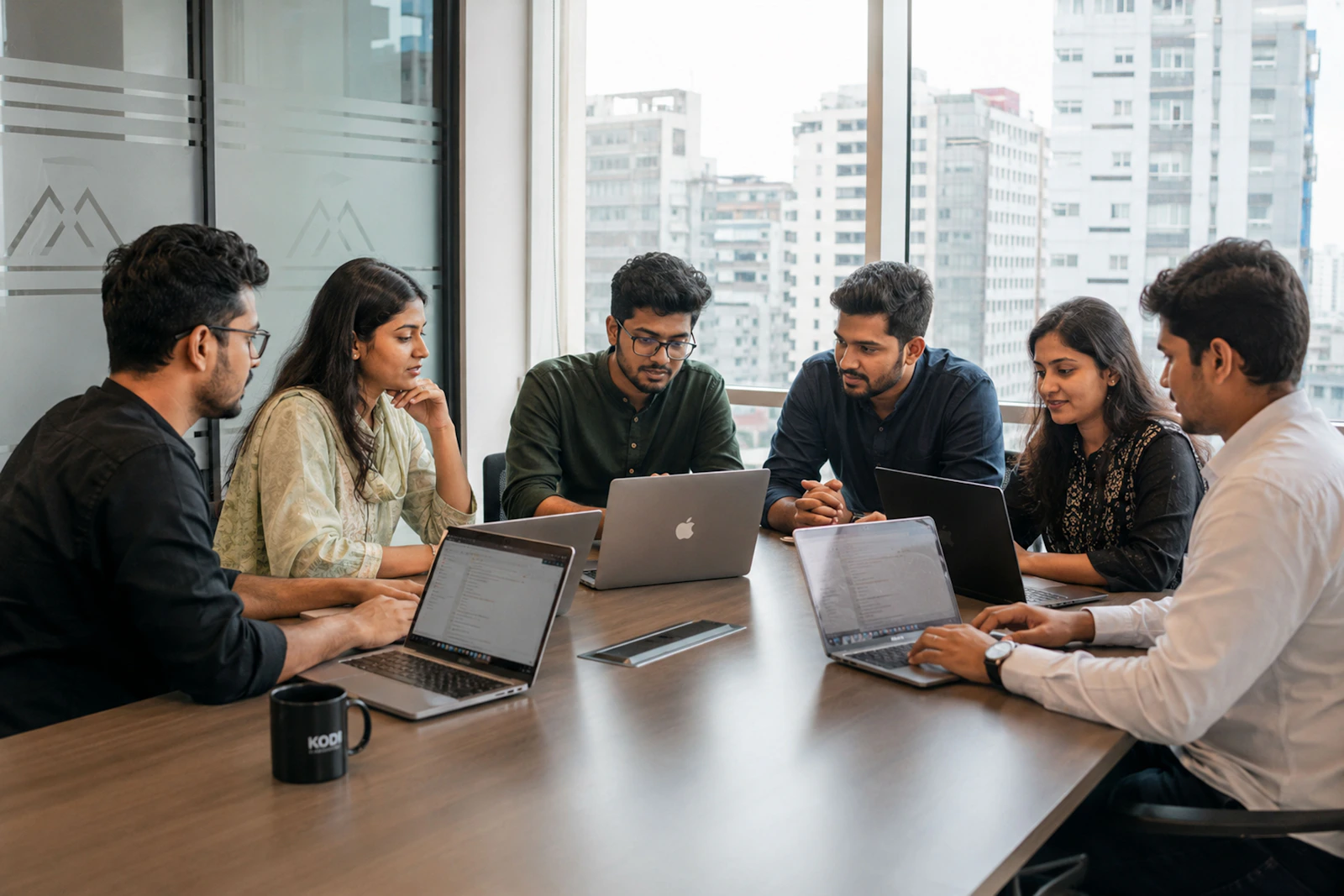 Multidisciplinary team reviewing AI visibility measurement data and controls