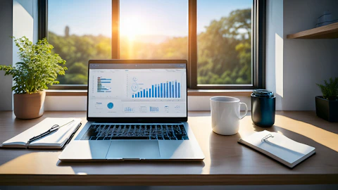 Laptop with charts on a desk by a sunny window.
