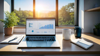Laptop with charts on a desk by a sunny window.
