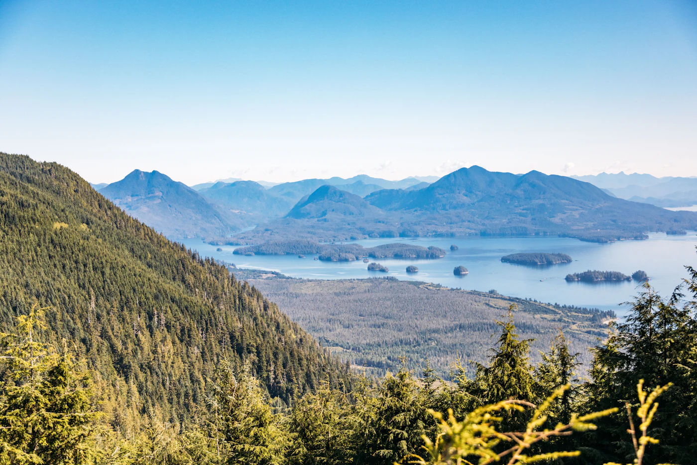 Forested mountains and islands meeting the ocean