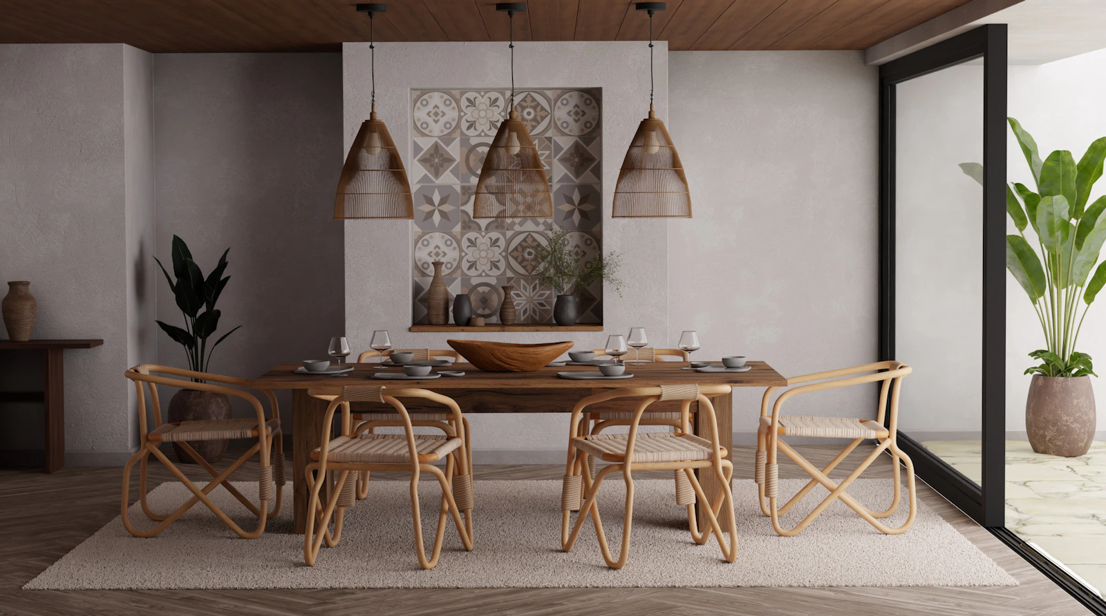 House Melville dining room: solid wooden table, hand-woven chairs, morning sun.
