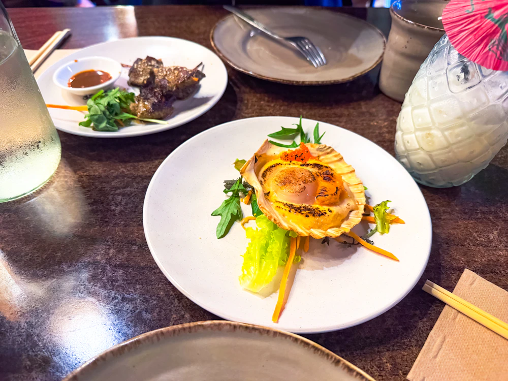 Colorful dishes and drinks arranged on a table