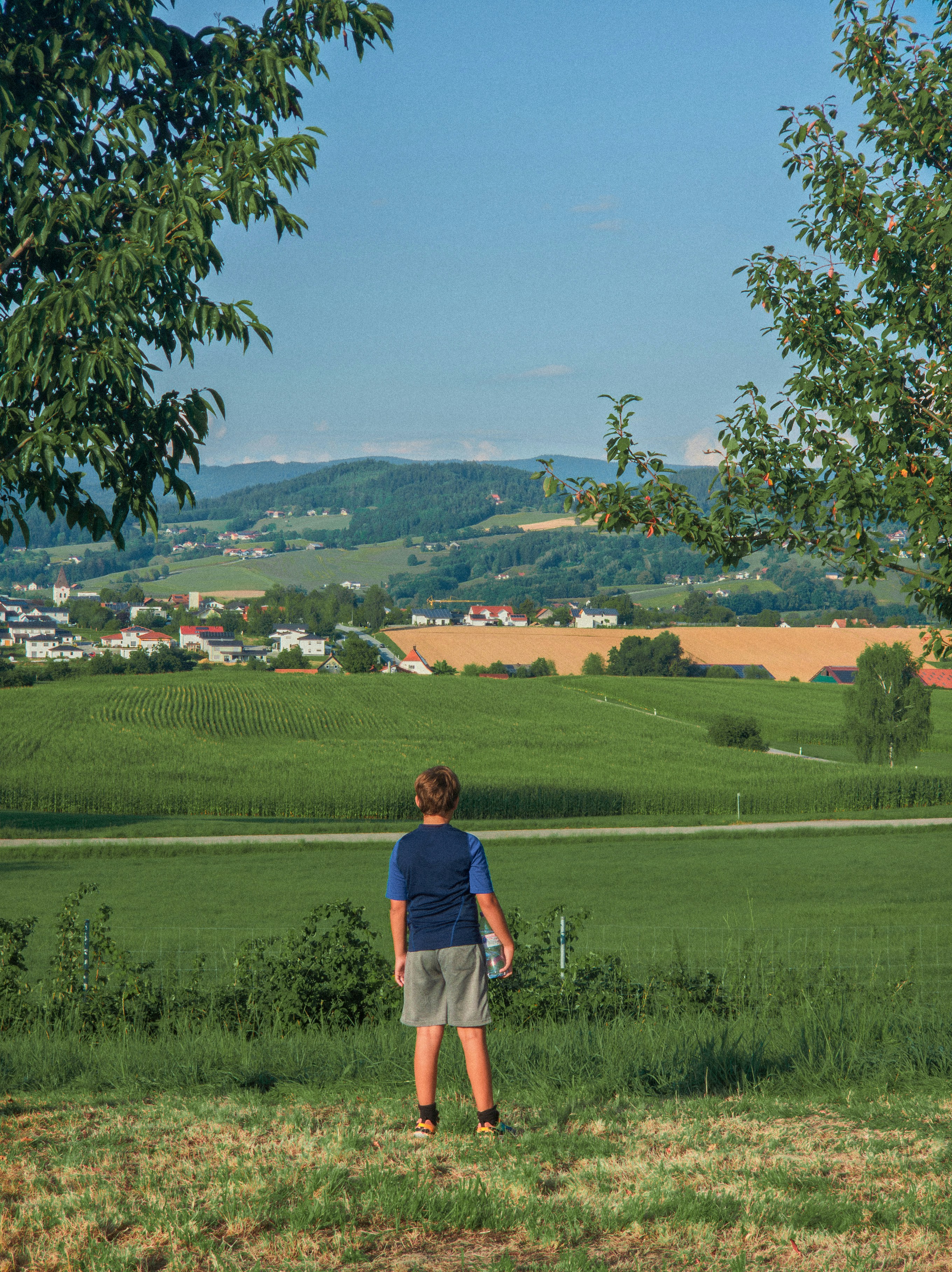 Un garçon se tient surplombant des champs verts et un village lointain.