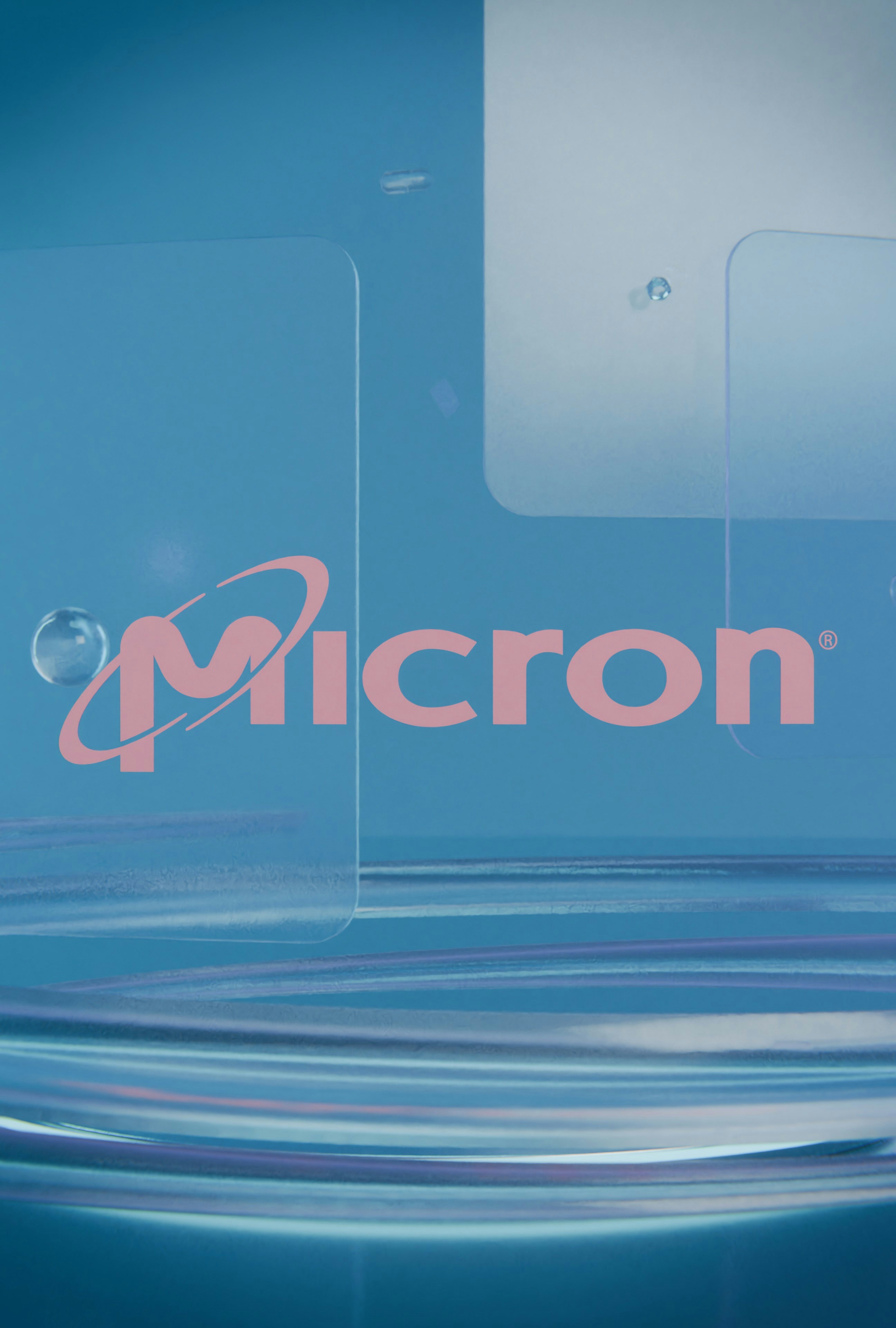 Pink micron logo on a blue background with abstract elements