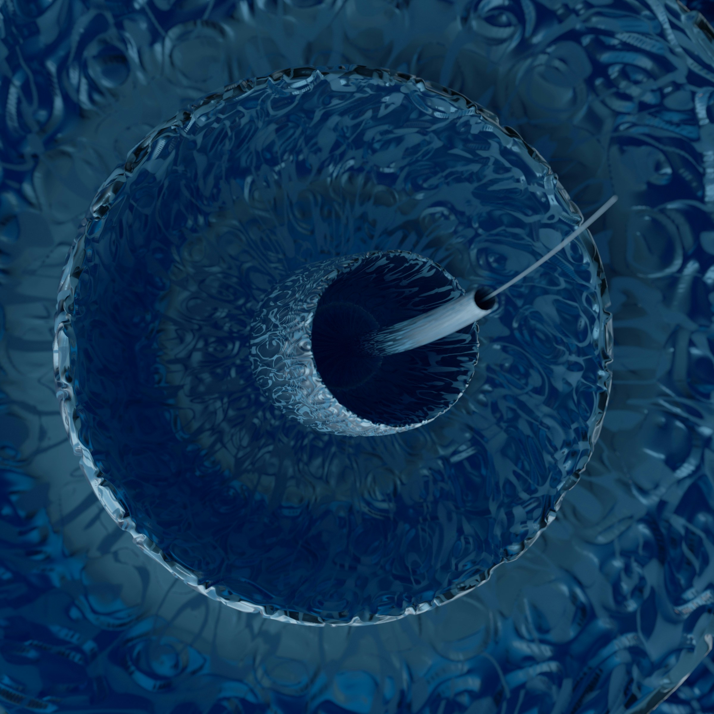 A dark blue textured gong being struck by a mallet.