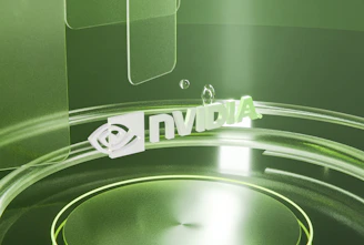 Nvidia logo in a green, futuristic, abstract setting.