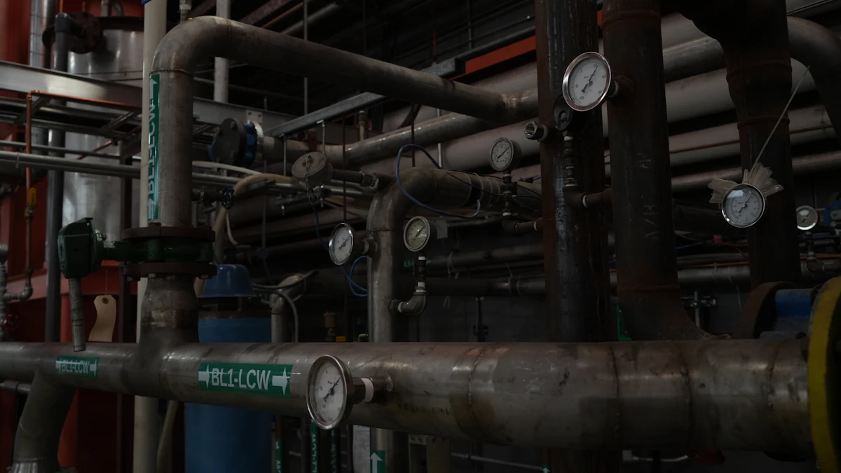 Tuberías, válvulas y manómetros de un sistema industrial