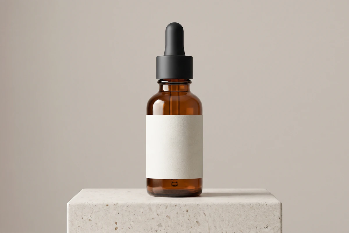 Renewal Serum — amber glass dropper bottle with a blank label on a concrete block