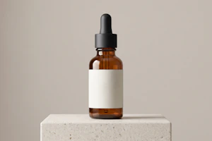 Amber glass dropper bottle with a blank label standing on a concrete block