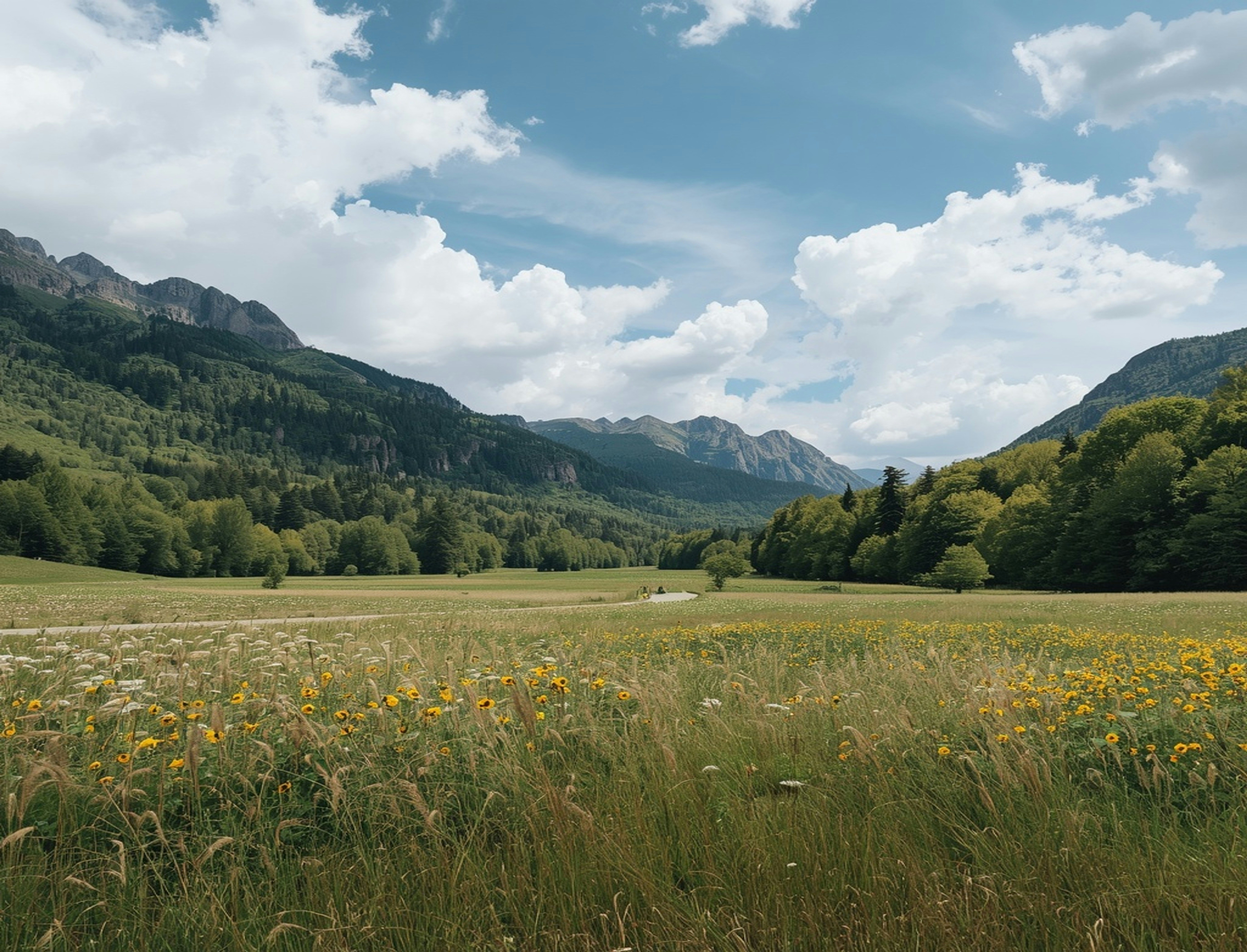 Ein üppig grünes Tal mit hoch aufragenden Bergen und einem wunderschönen Himmel.