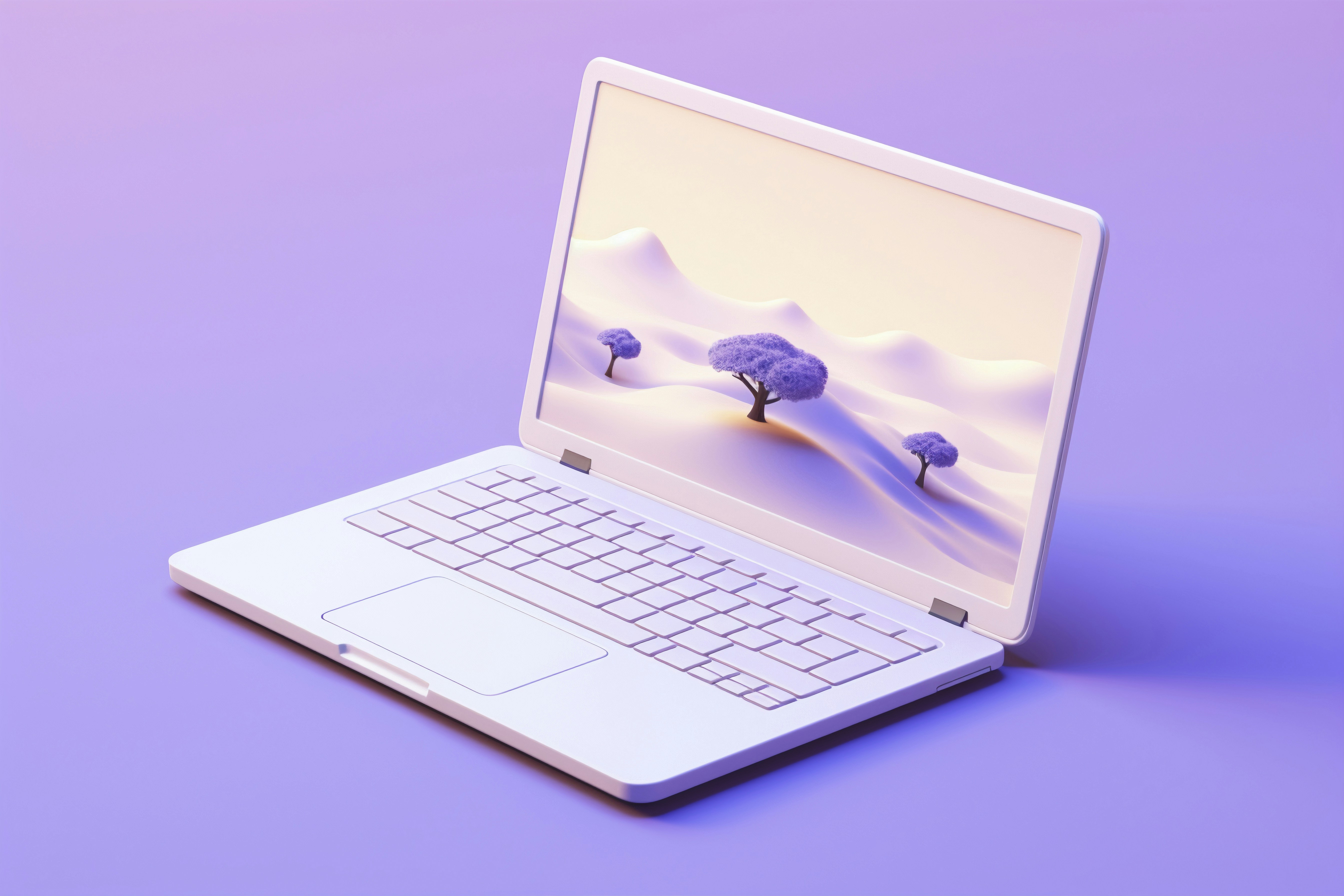 A clean, minimalist 3D render of a modern white laptop set against a soft purple background. The laptop screen displays a serene landscape of rolling hills and trees under a soft sky, creating a peaceful and artistic tech aesthetic. https://www.northindiacomputers.com/