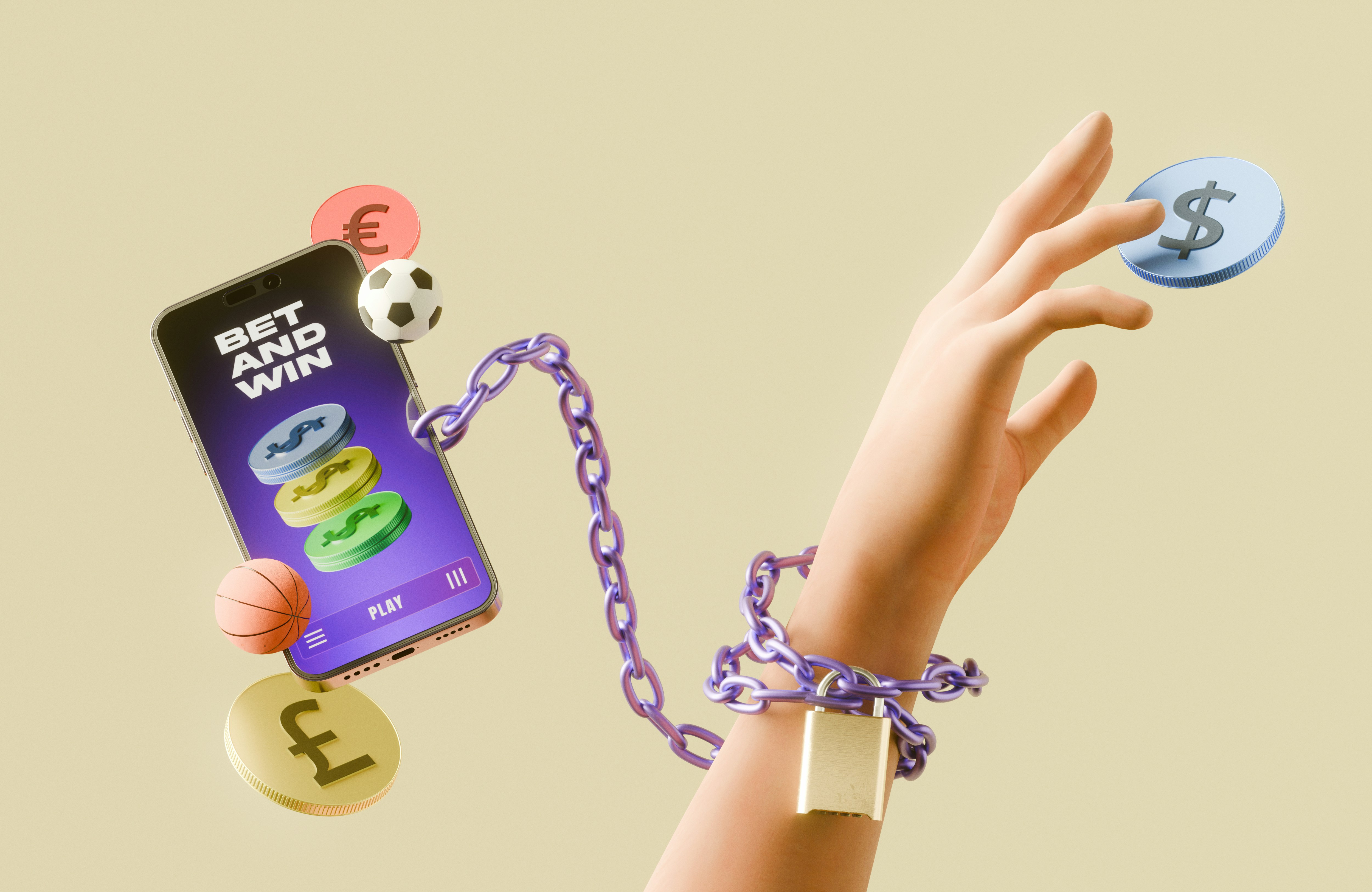 Gambling addiction concept with hand chained to a betting app.