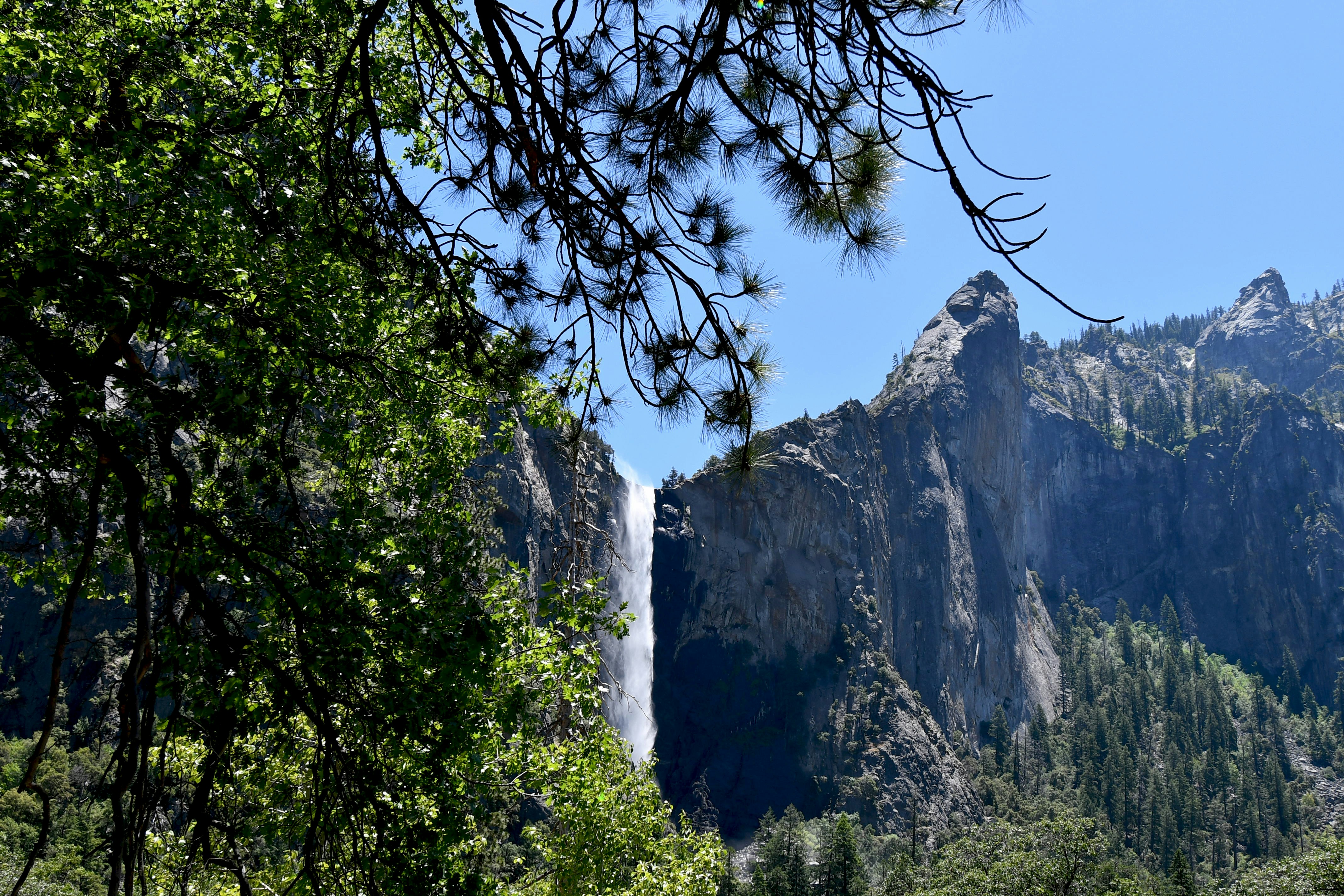 Une haute cascade dévale le flanc rocheux sous un ciel bleu.