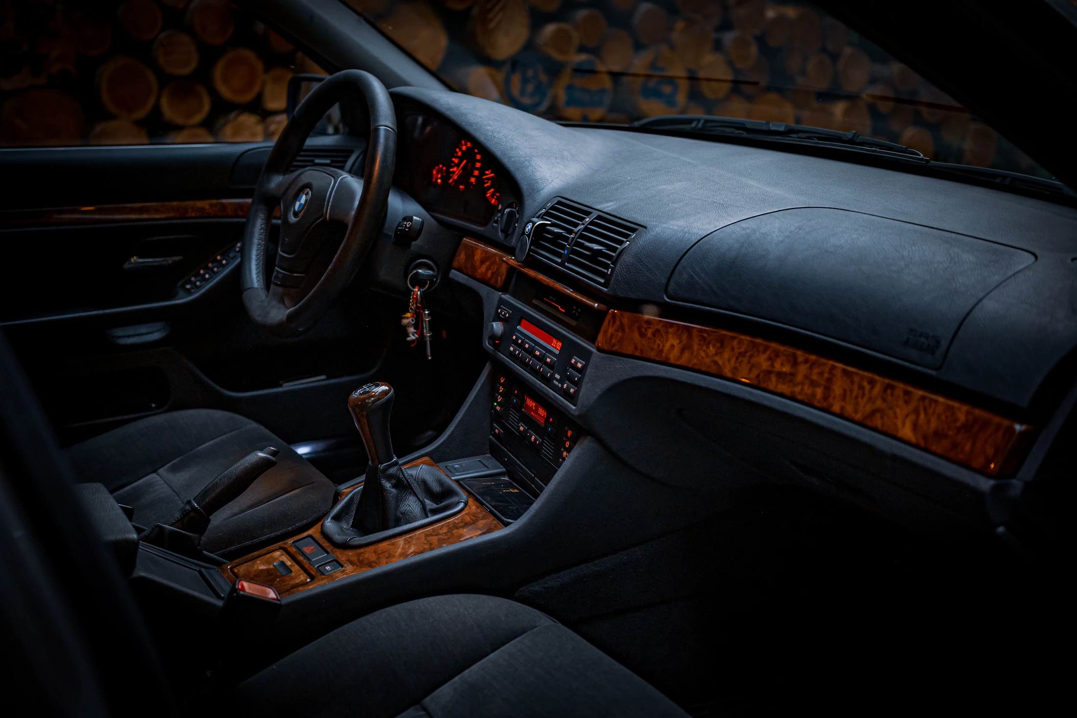 Refined vehicle interior with dashboard and steering wheel