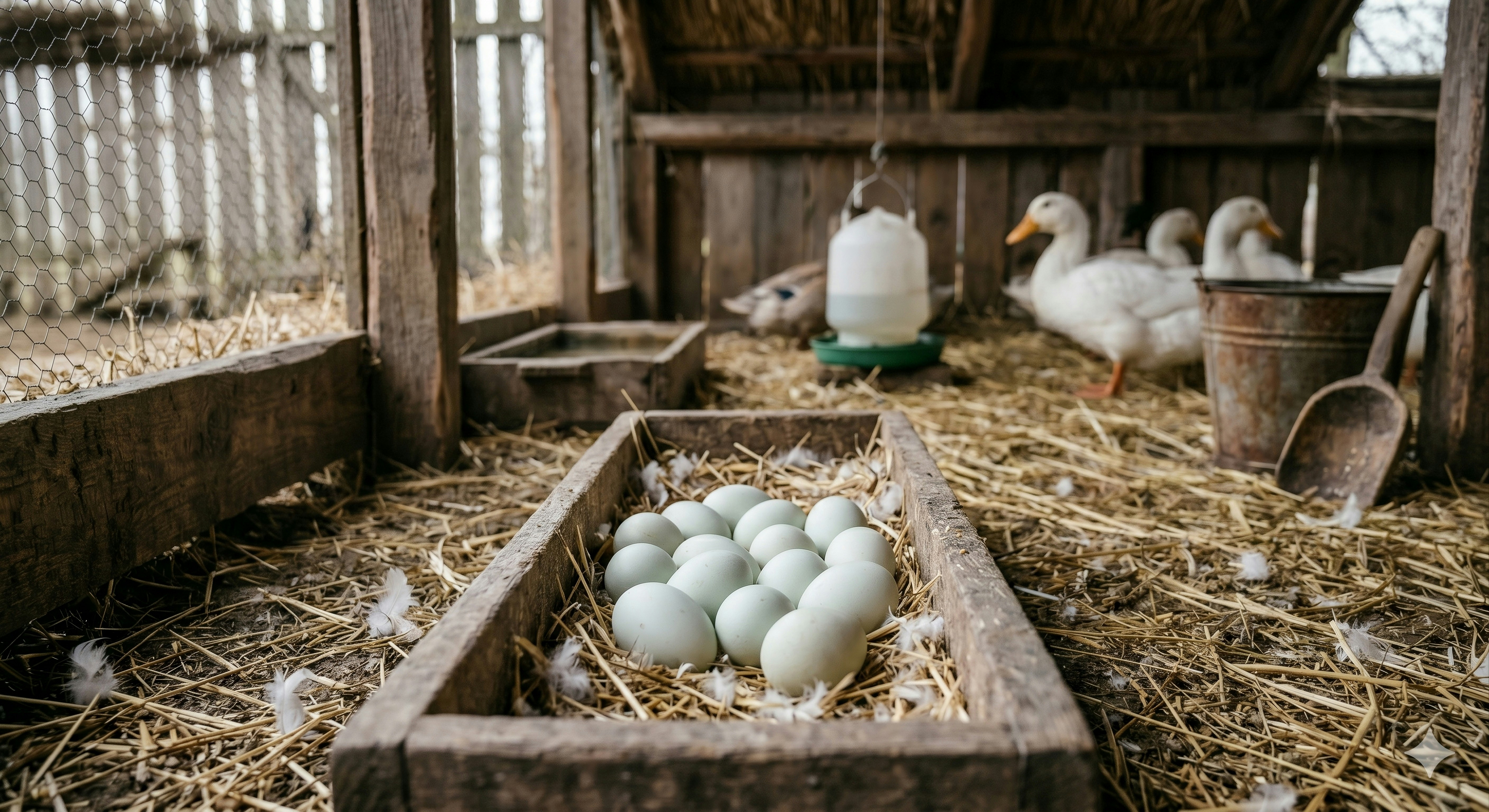 White ducks and fresh eggs in a rustic wooden coop