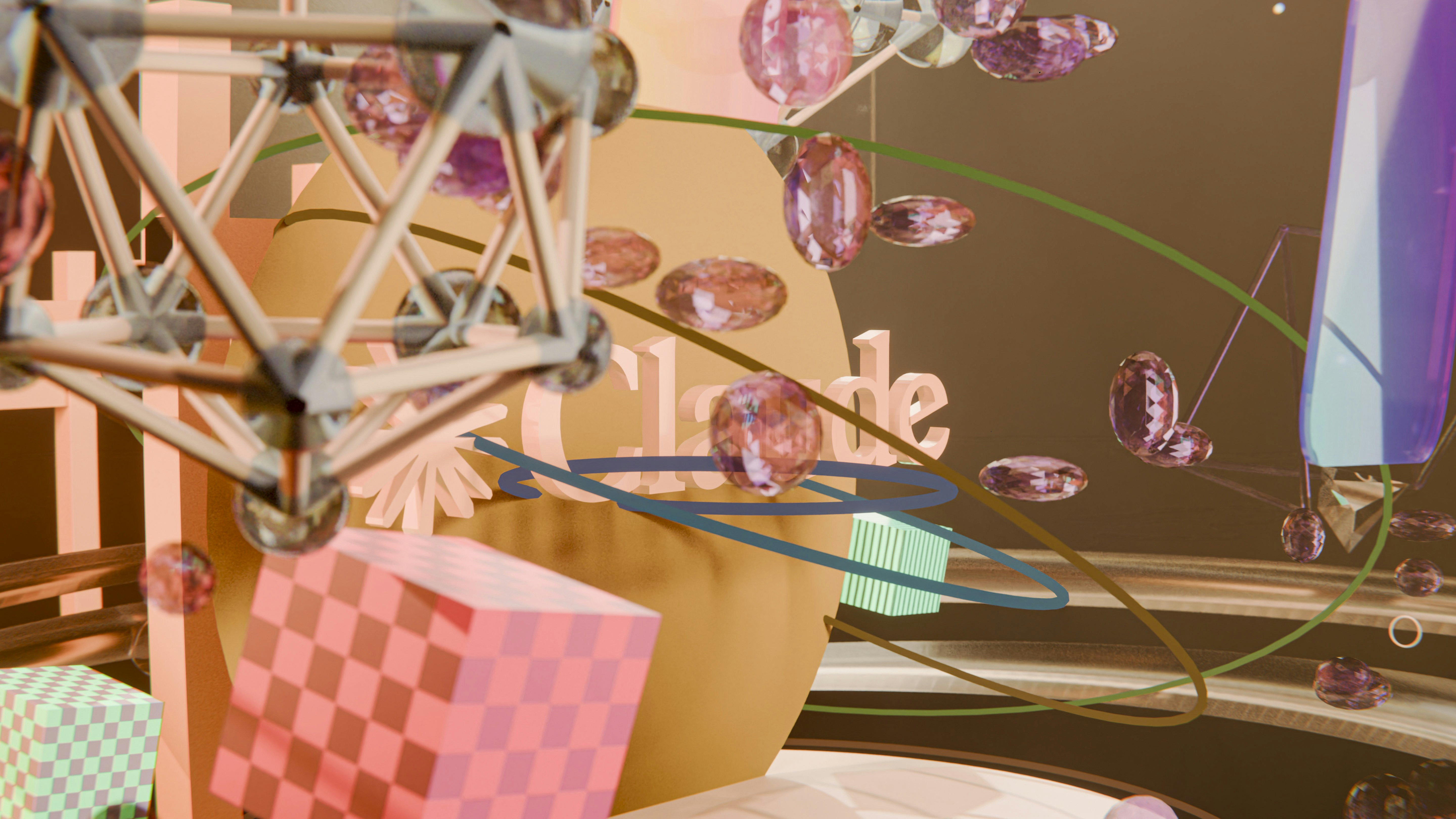 anthropic models ban Abstract 3D rendering with geometric shapes and floating objects.