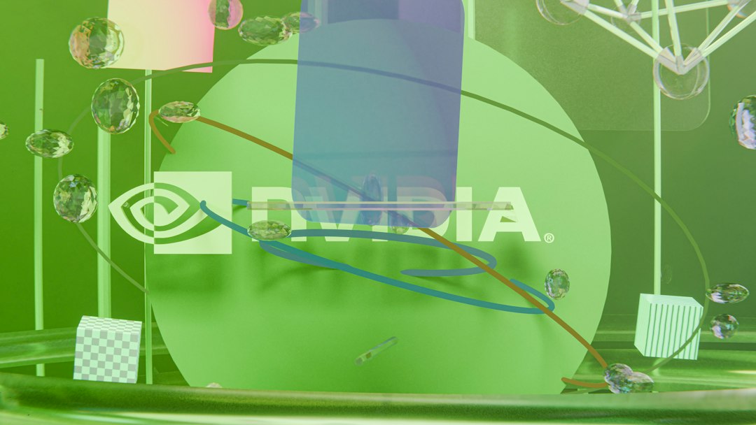 Nvidia logo on a green background with abstract 3D elements