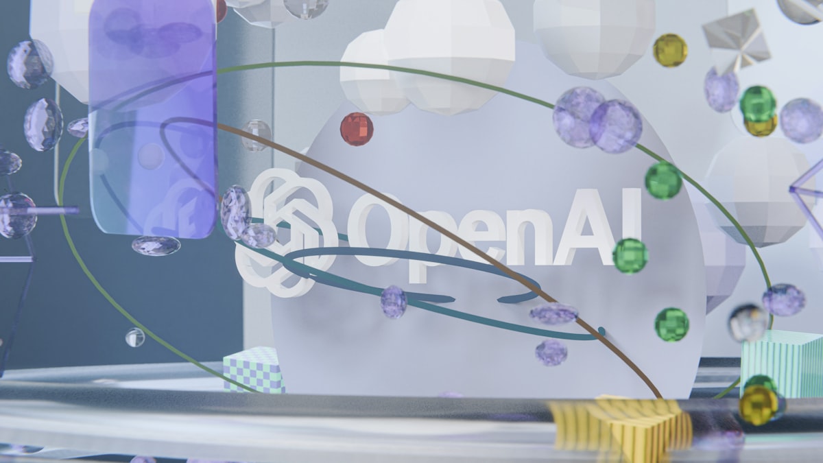 Openai logo surrounded by abstract digital network elements.