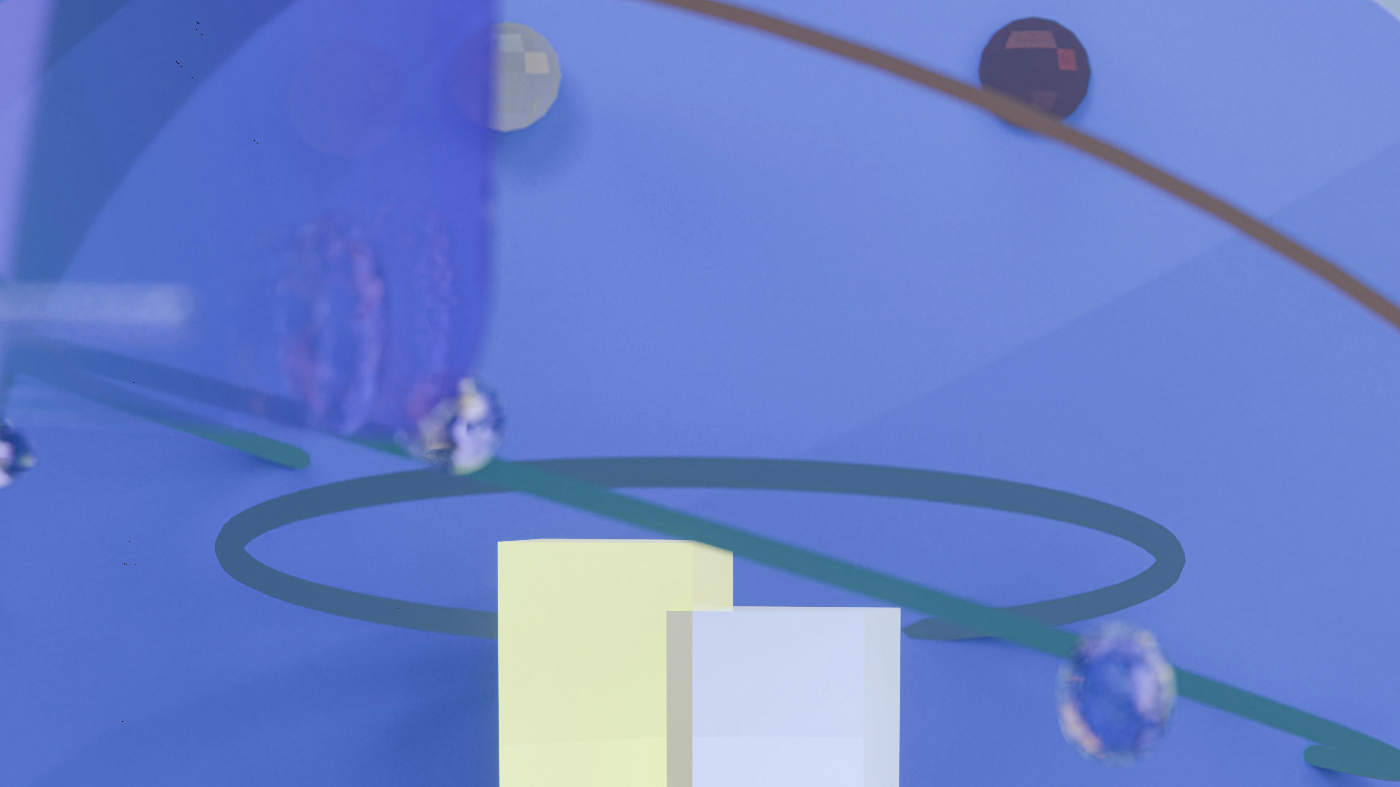 Abstract blue background with spheres, lines, and rectangular blocks