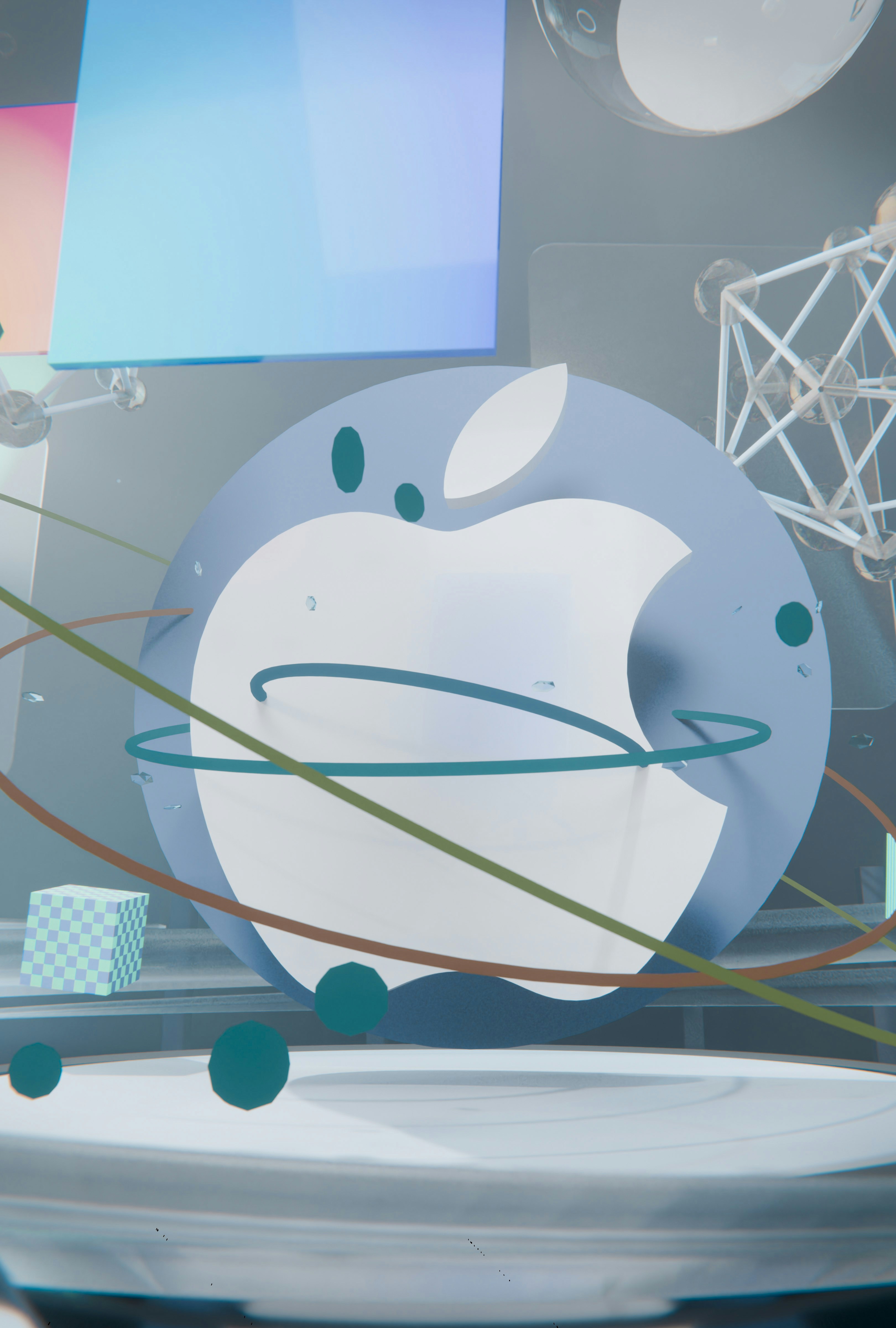 Abstract apple logo sphere with orbiting lines and geometric shapes
