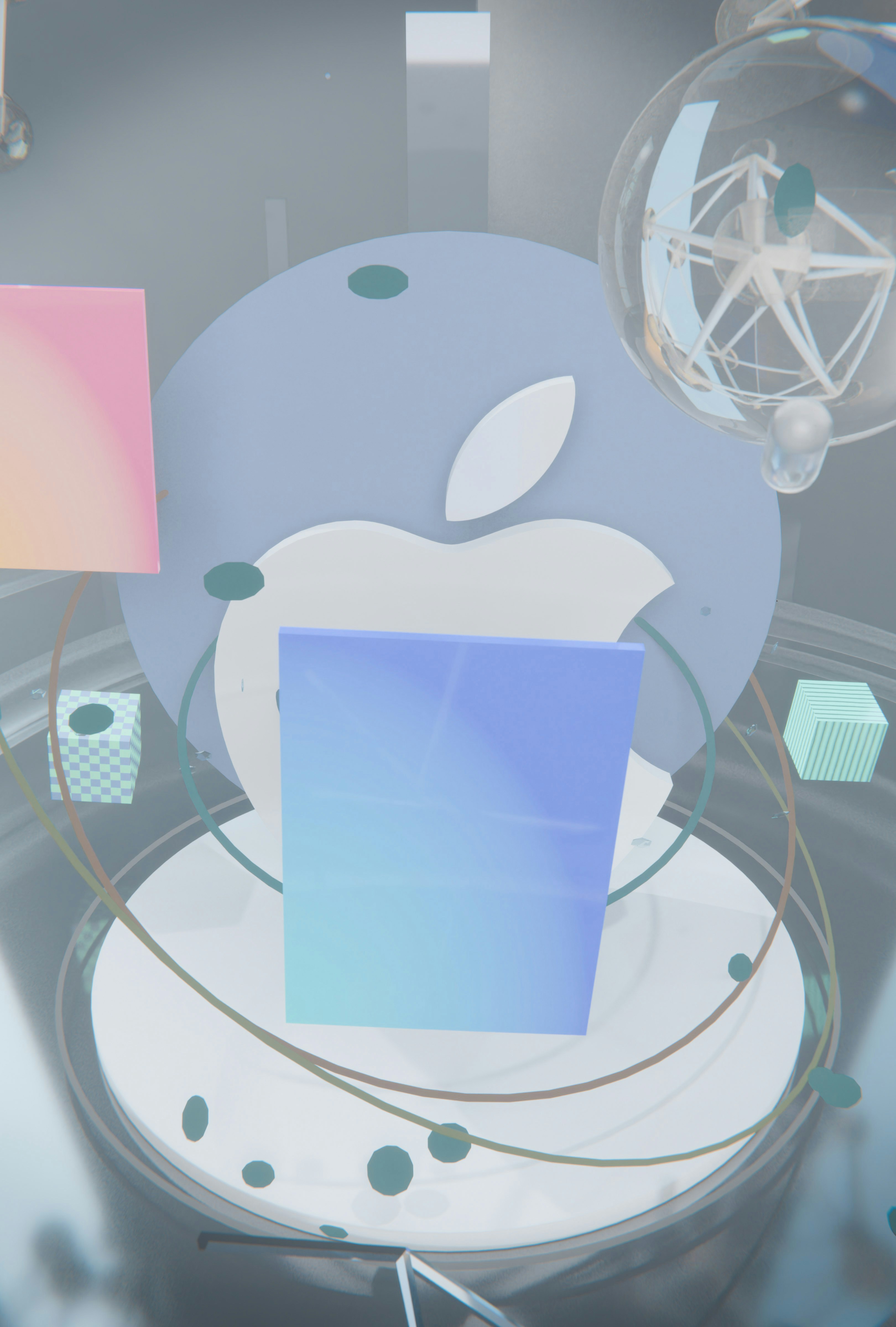 Futuristic apple logo display with gradient cubes and spheres