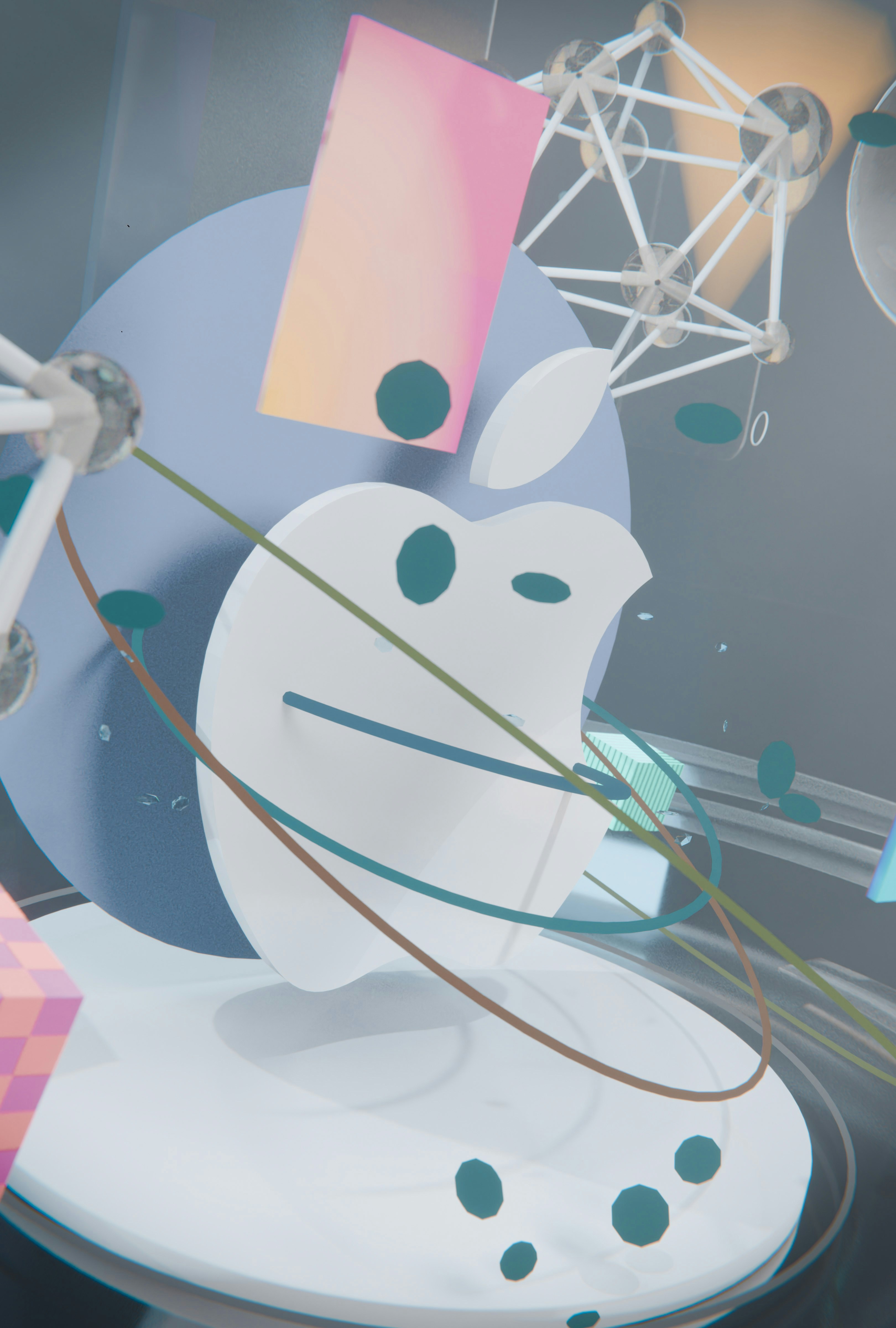 Abstract composition featuring a white apple logo and geometric elements