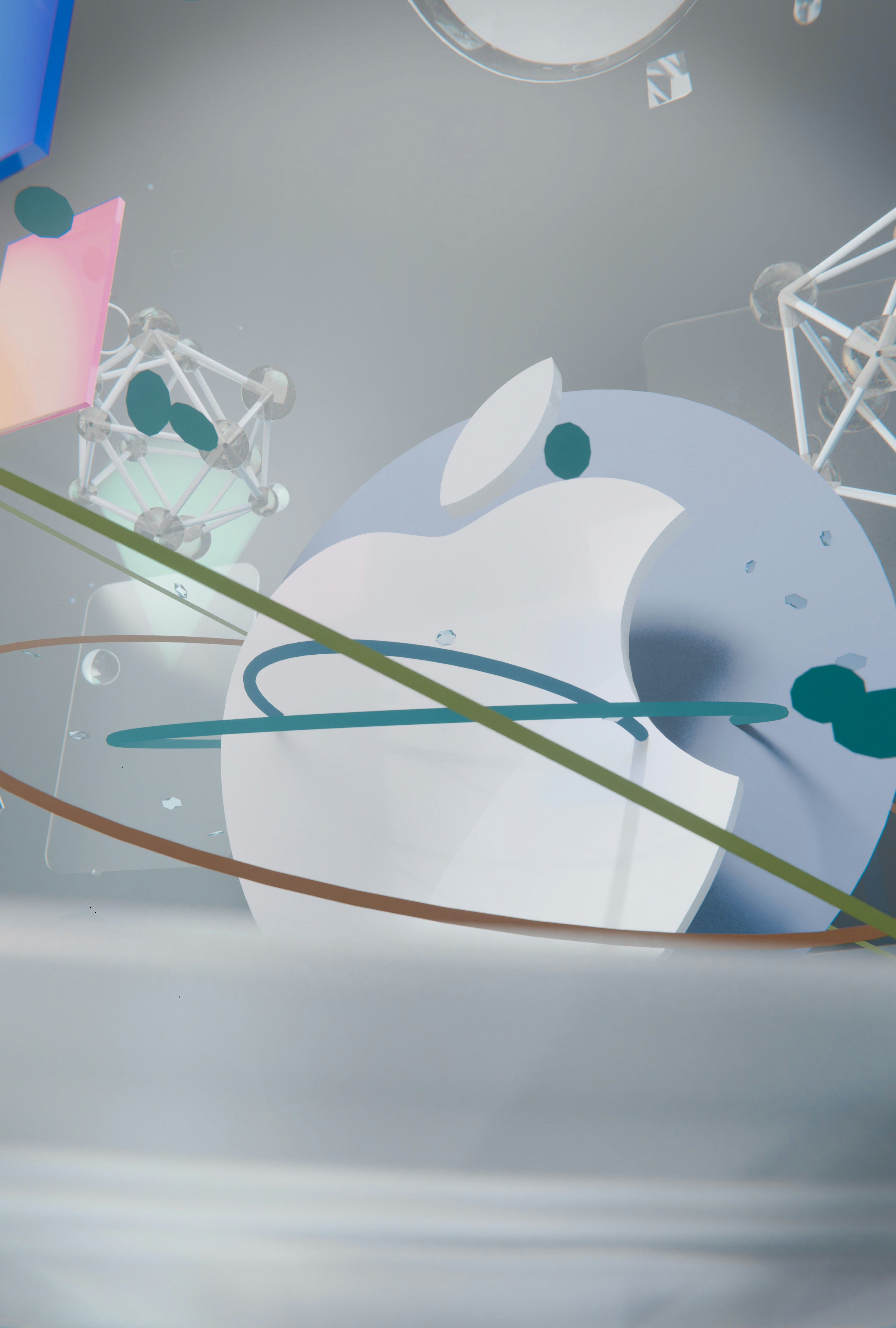 Abstract composition with a stylized apple logo and geometric shapes