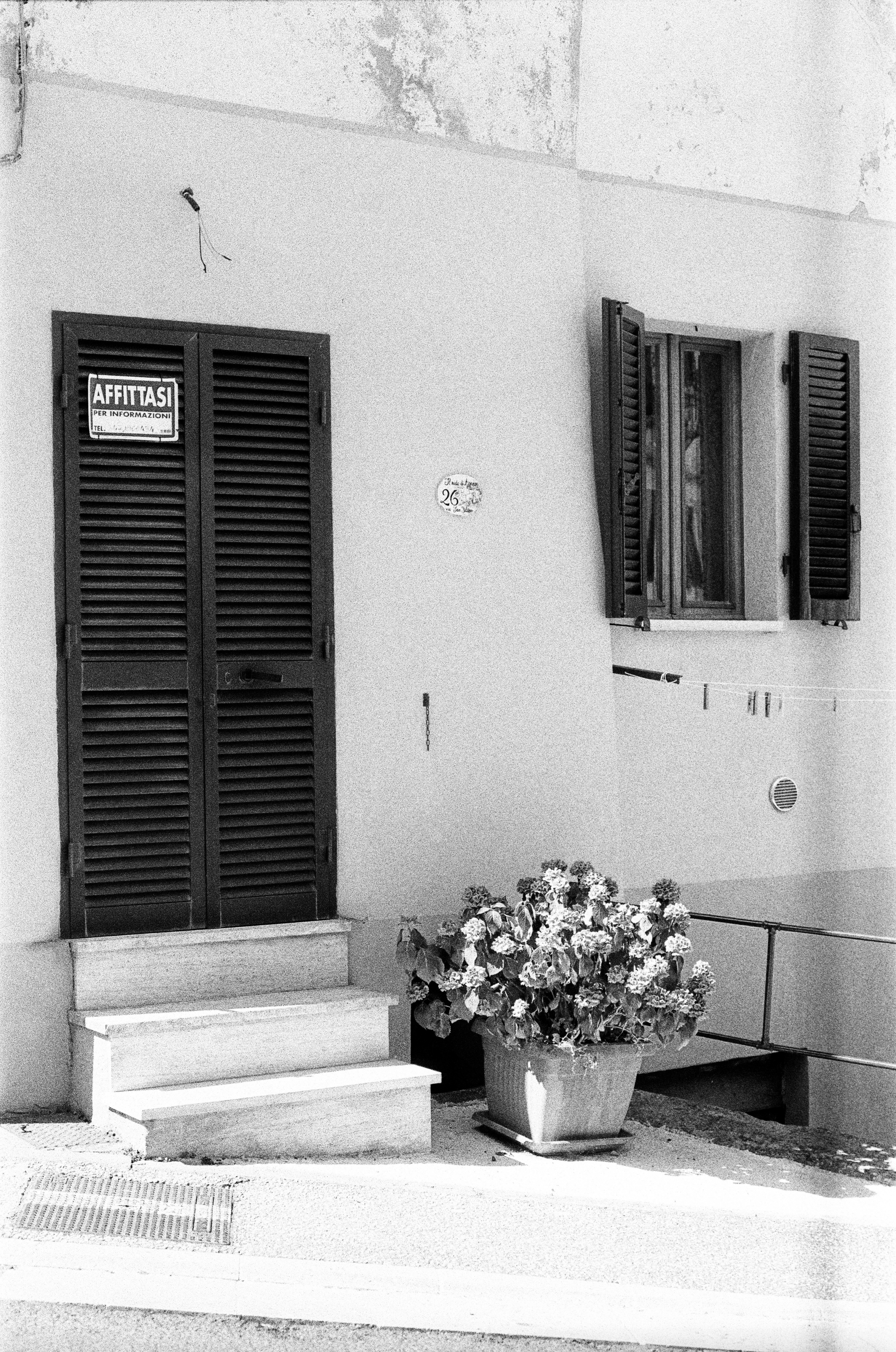 Black and white building with "affittasi" sign and potted flowers.