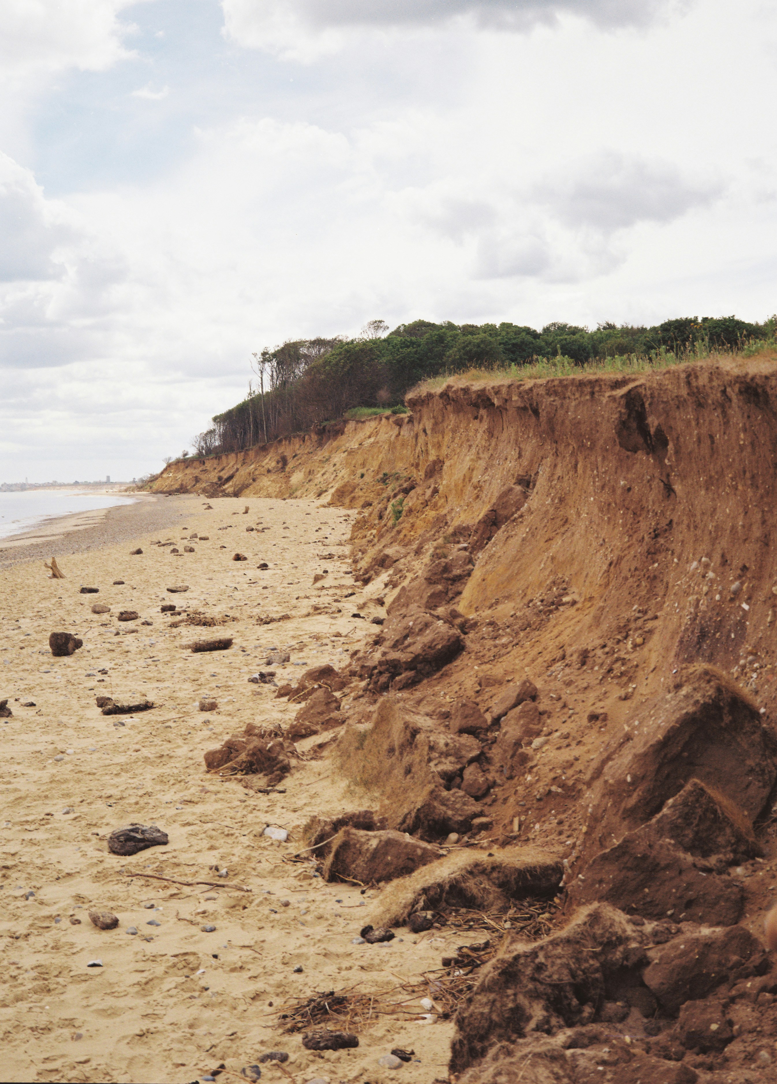 Sandstrand mit einer hohen, erodierenden Erdklippe und Bäumen