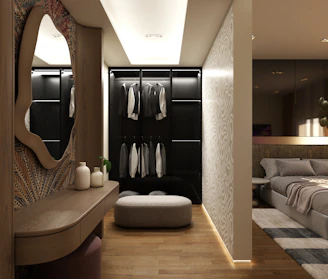 Modern dressing room with open closet and vanity table