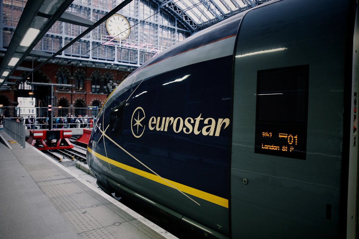 Eurostar high-speed train waiting at a station platform