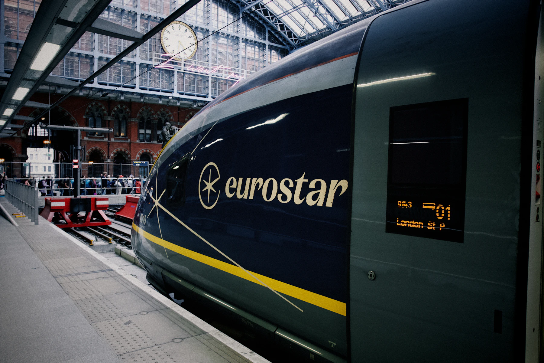 A Eurostar train beneath the arched roof of London St Pancras