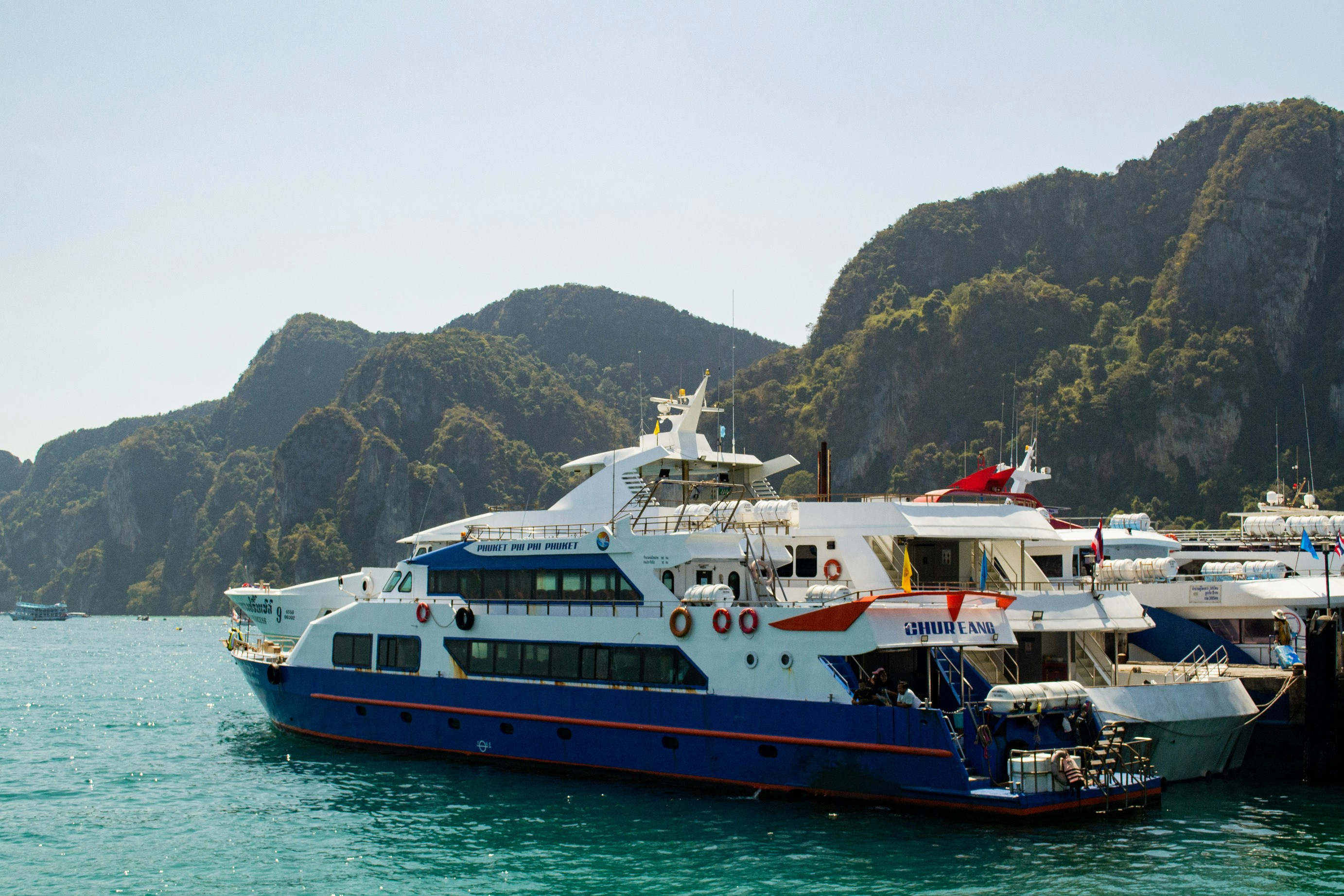 A large blue and white ferry docked near green mountains.