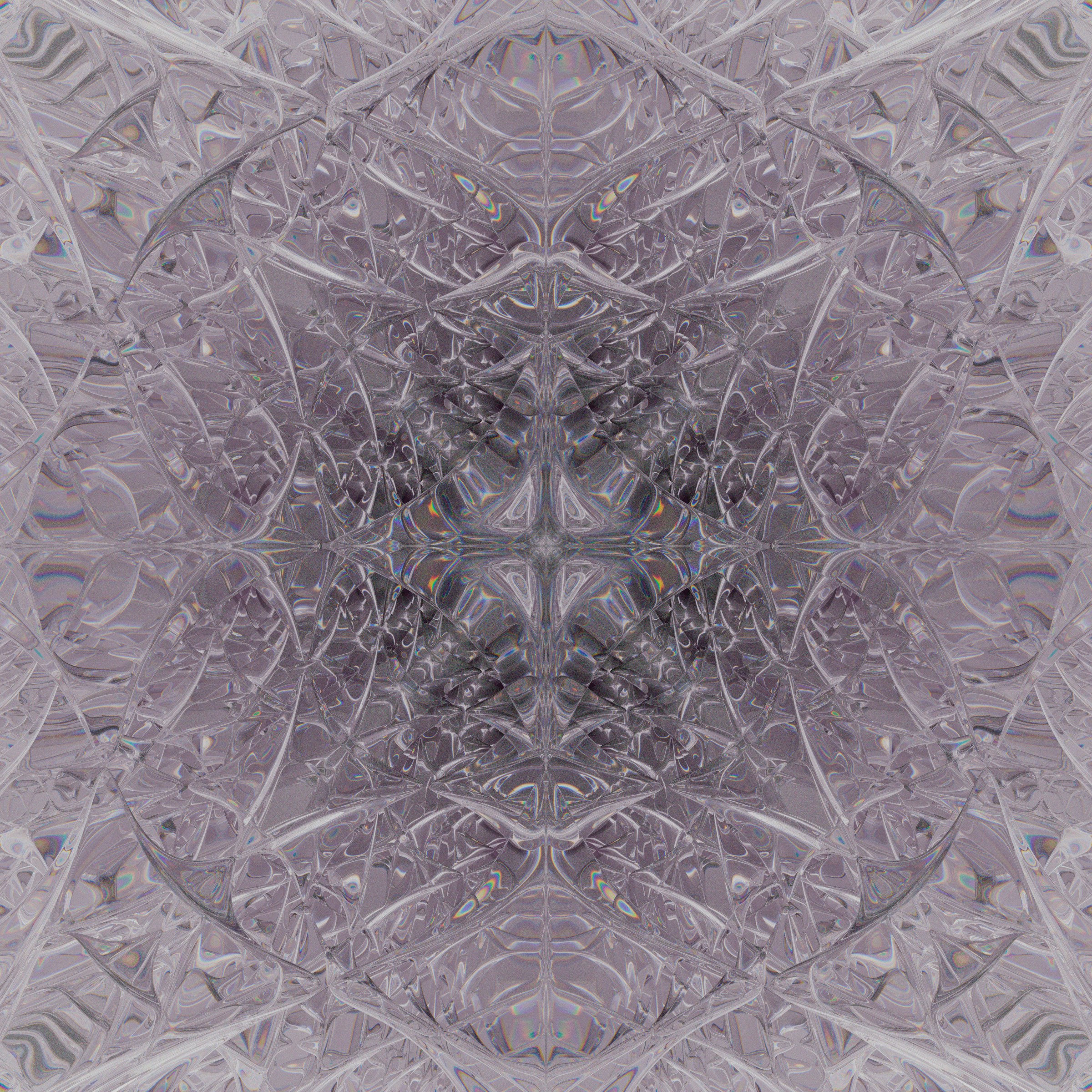 Symmetrical abstract pattern of delicate purple and grey lines.