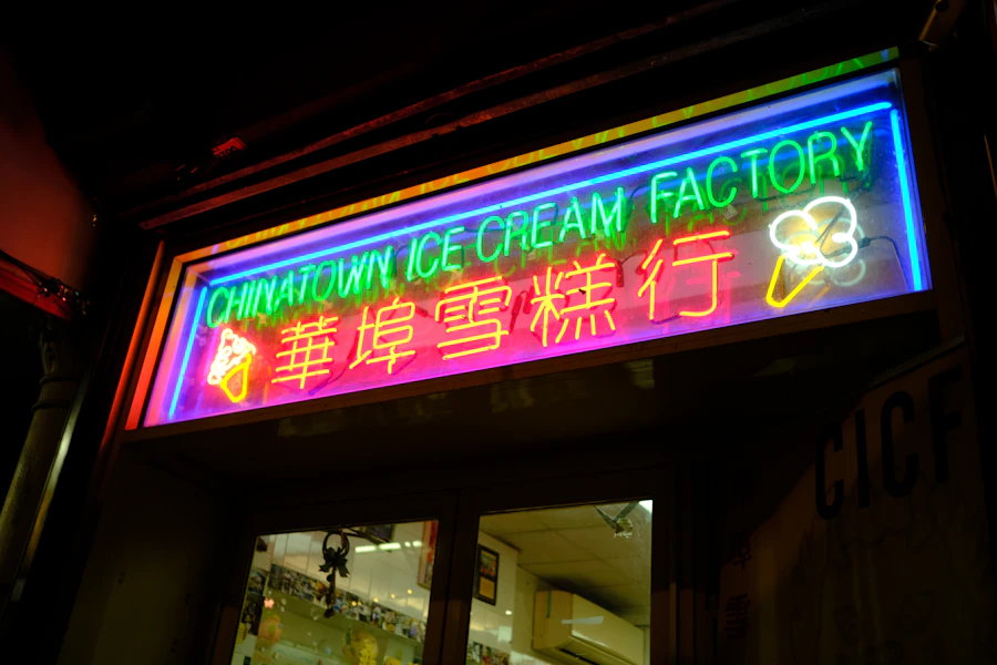 Bright neon shop sign in Chinatown, New York