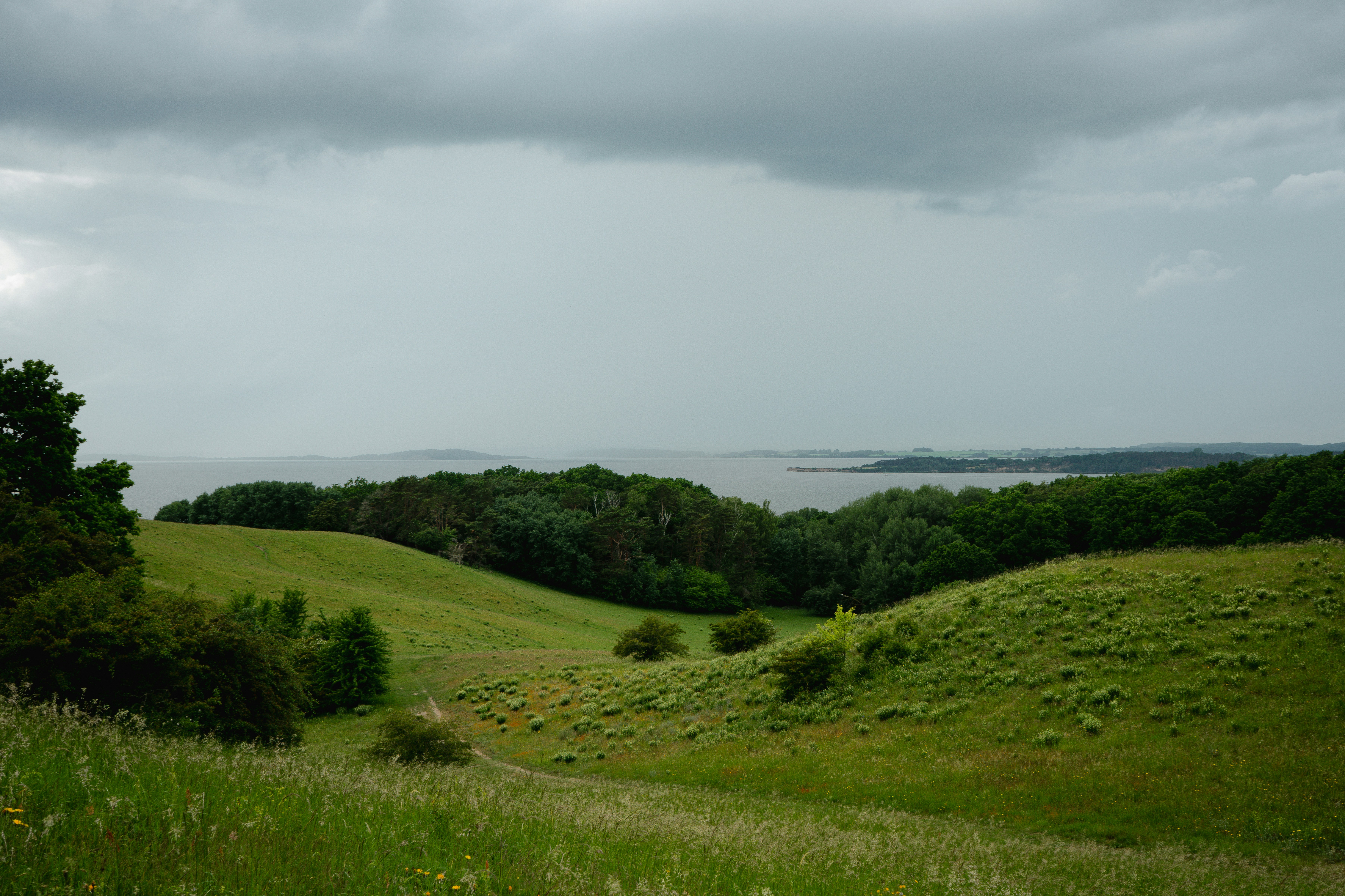 Green rolling hills, distant water, and a cloudy sky.