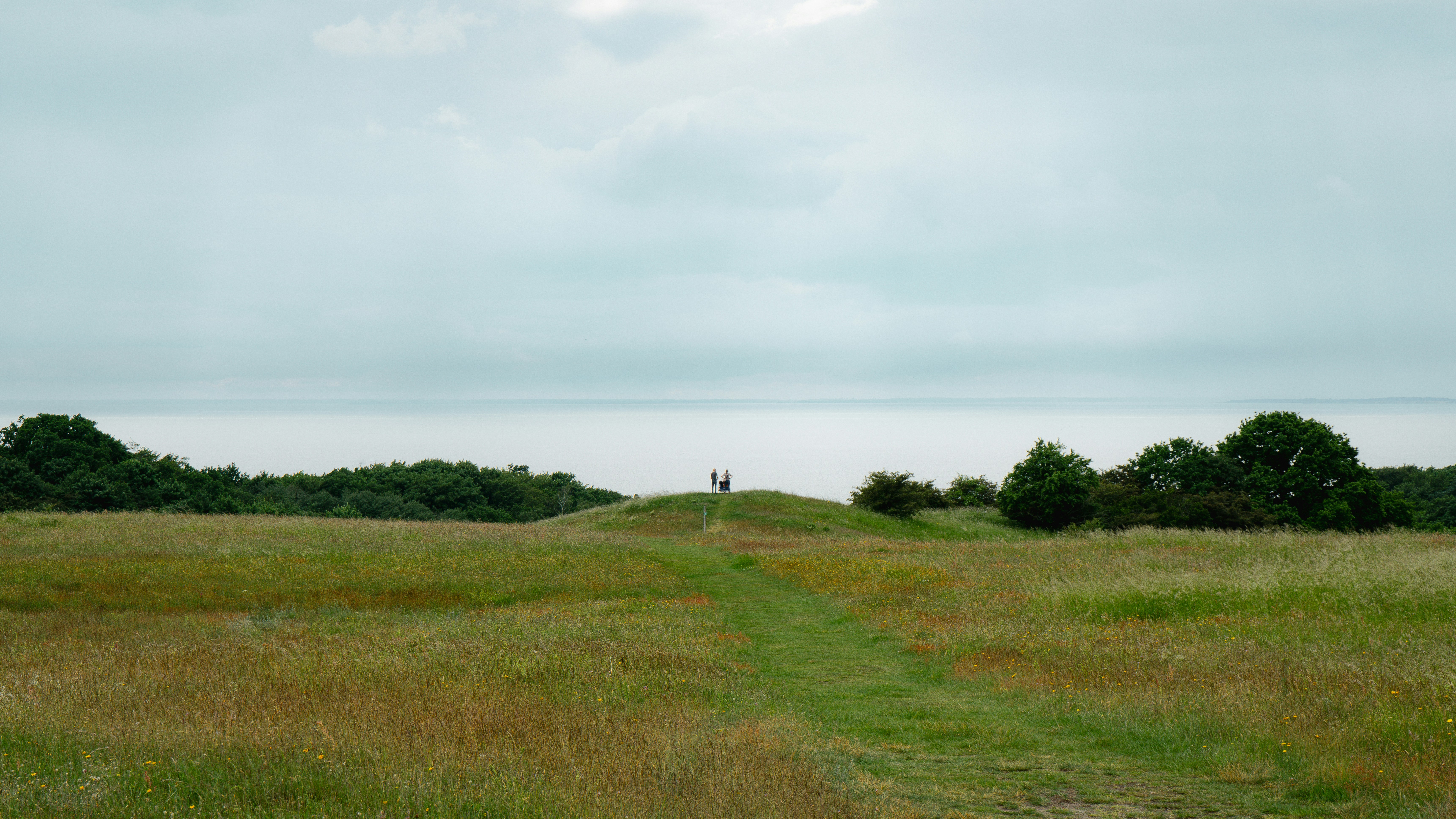 Path through a grassy field towards a hill with people.