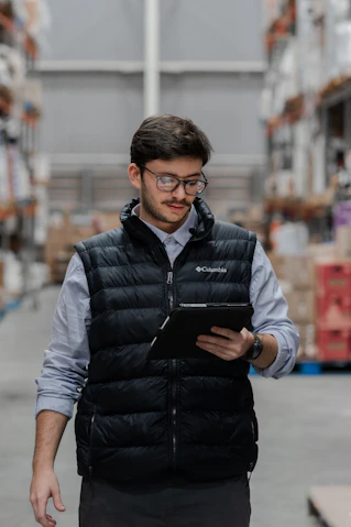 Man in vest using tablet in a warehouse.
