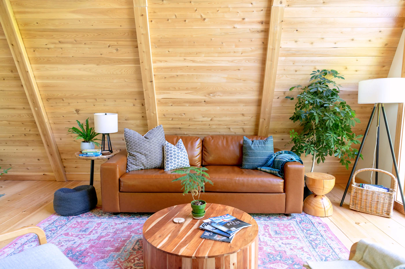 Warm living room with leather sofa, wood furniture, and soft furnishings