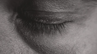 Closed eye with prominent eyelashes.