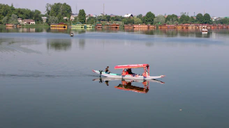 A person paddles a red-canopied boat across a calm lake.