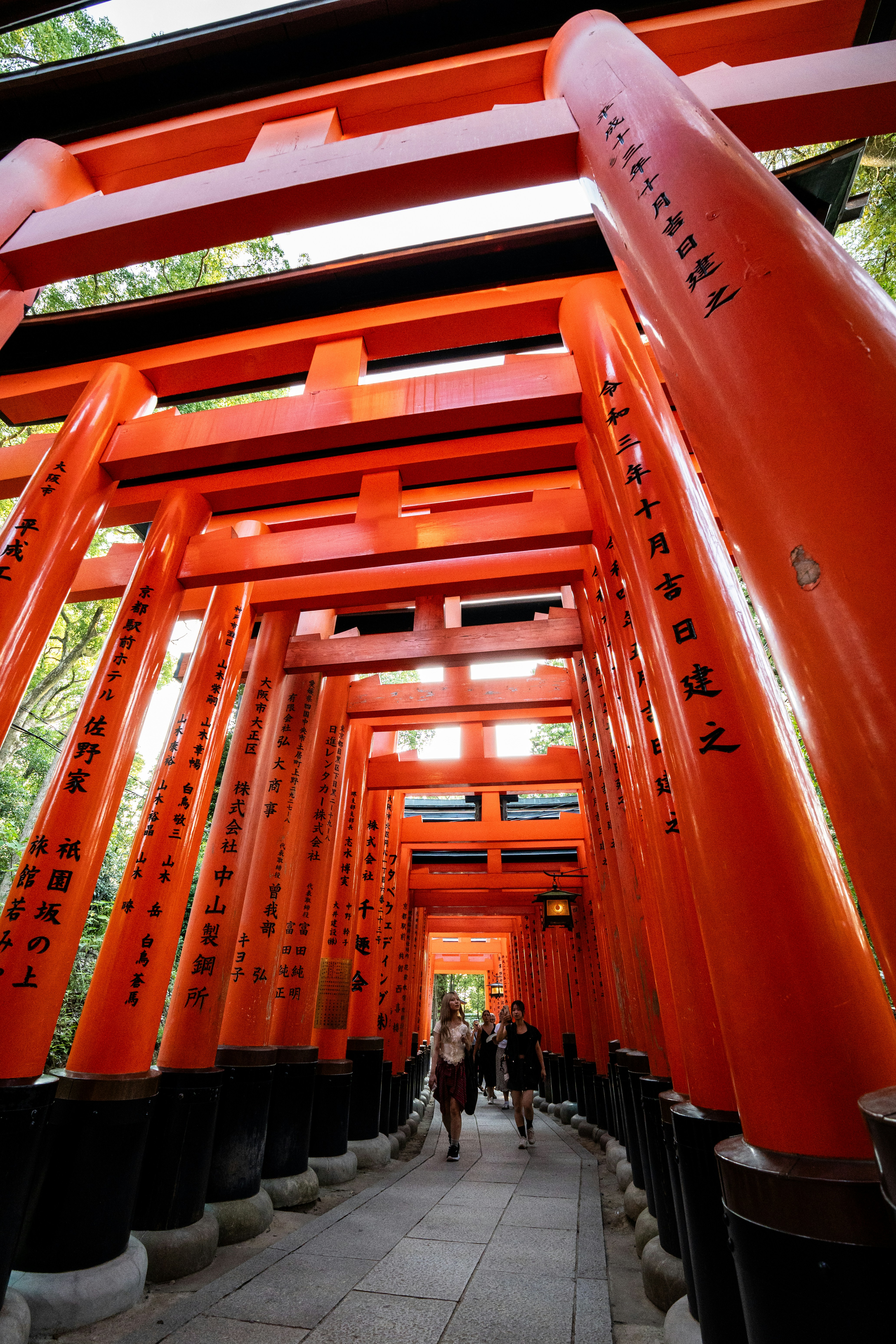 Vibrant orange torii gates line a path with people walking.